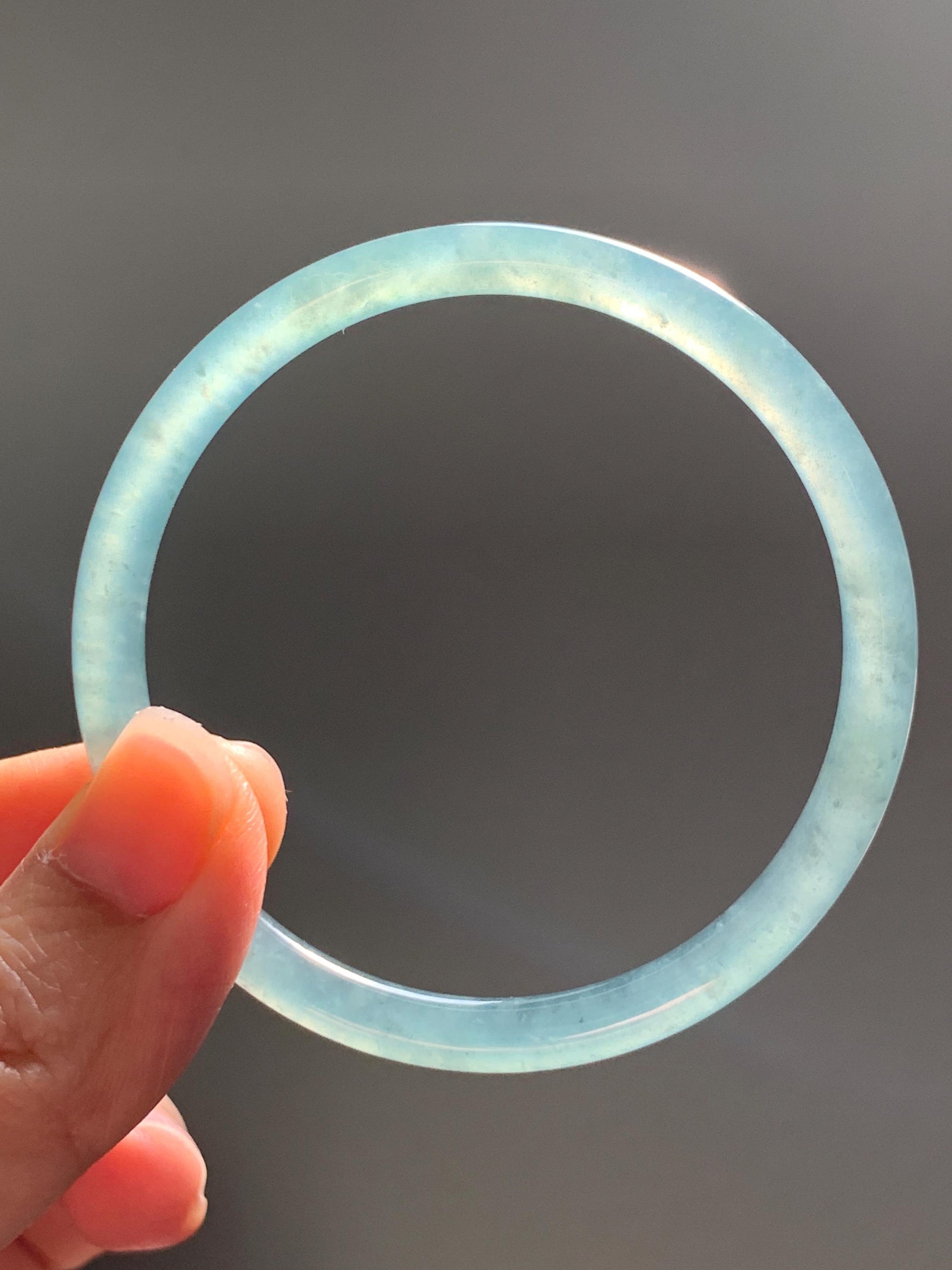 Certified Natural Grade A Guatemalan Icy Highly Translucent Dusty Teal Green Jade Jadeite Slim Bangle 53.05mm 6.56” 13g 天然冰胶危蓝绿翡翠细圆条手镯 207