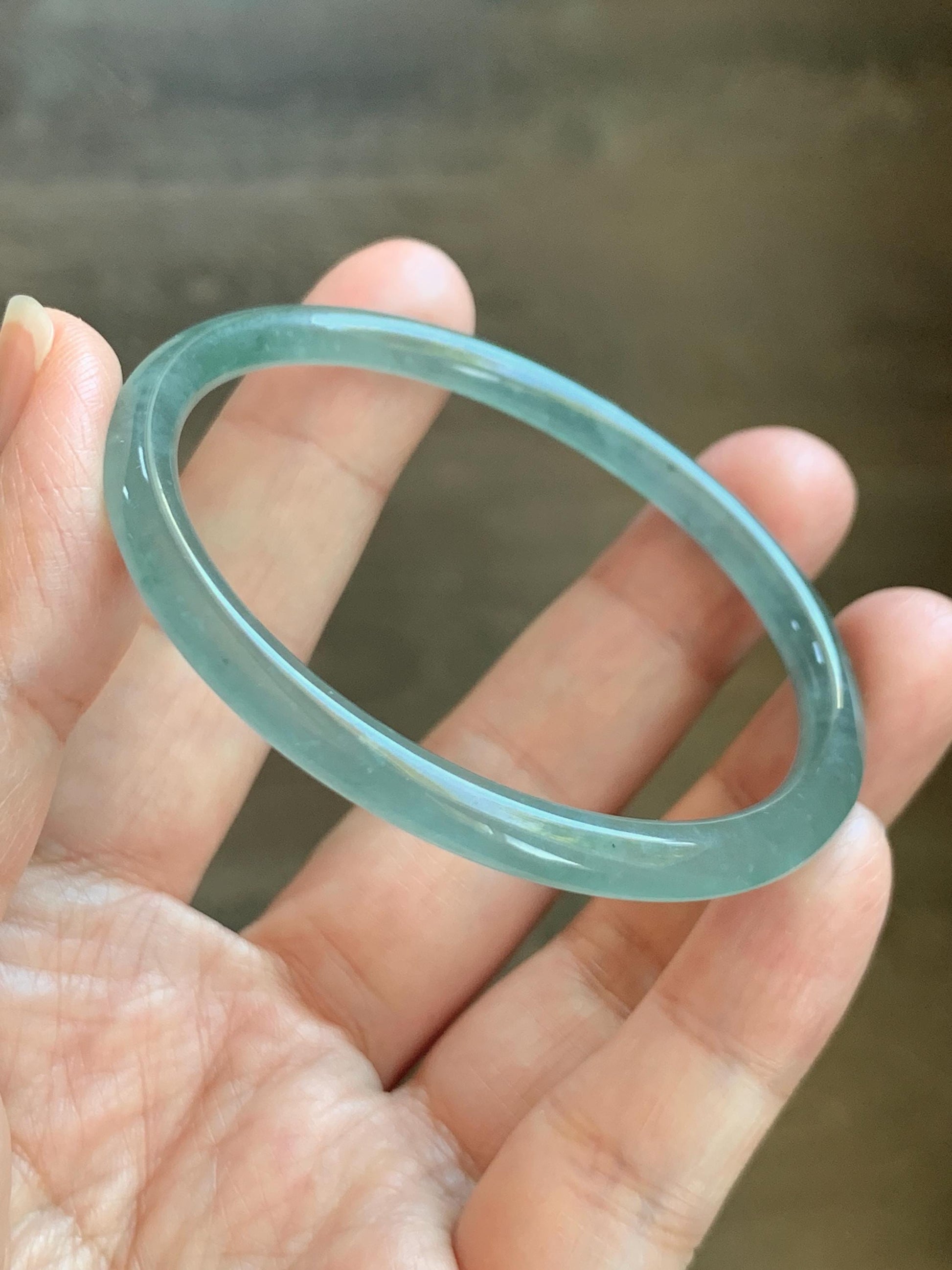 Certified Natural Grade A Guatemalan Icy Highly Translucent Dusty Teal Green Jade Jadeite Slim Bangle 53.05mm 6.56” 13g 天然冰胶危蓝绿翡翠细圆条手镯 207
