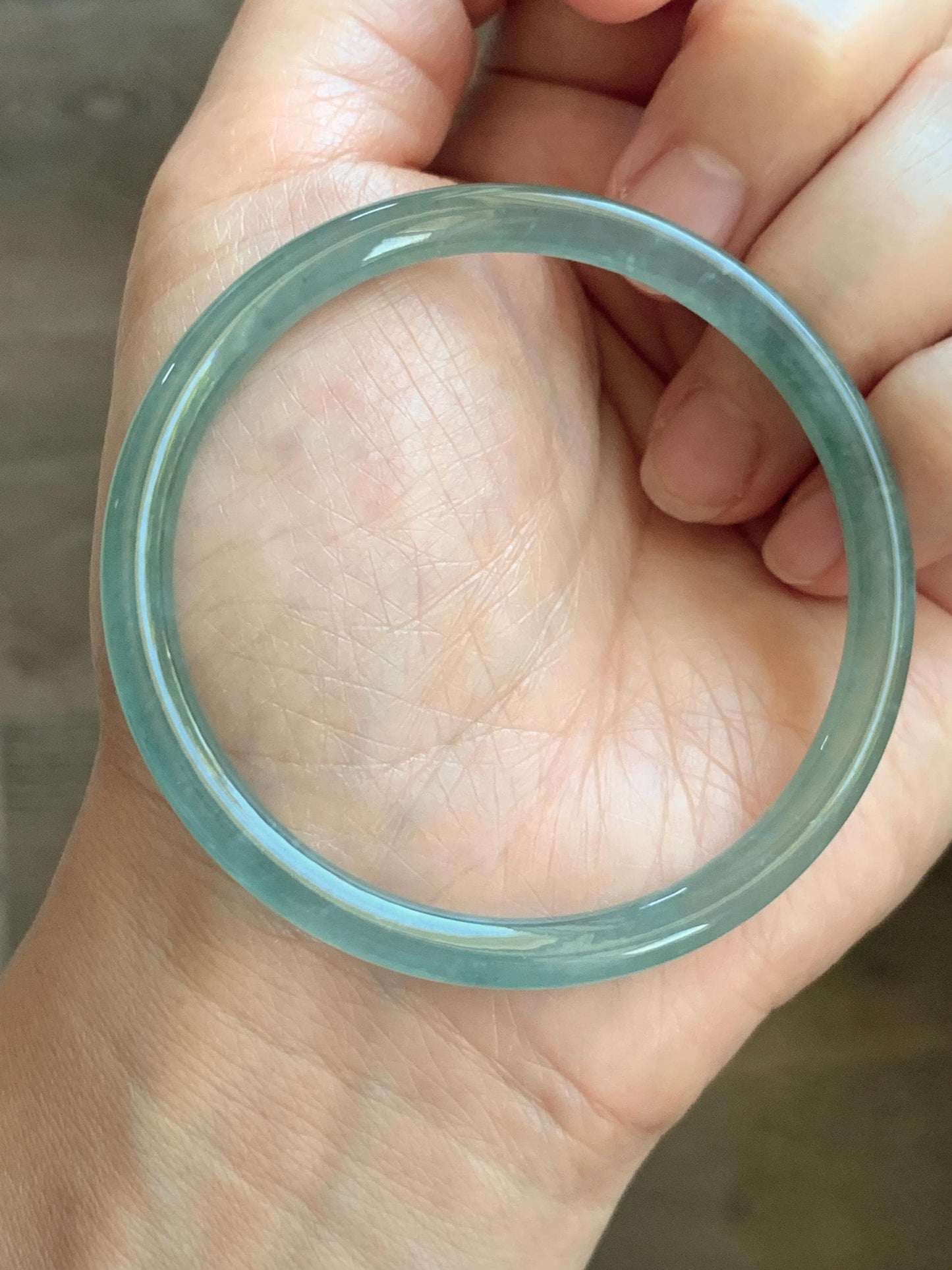 Certified Natural Grade A Guatemalan Icy Highly Translucent Dusty Teal Green Jade Jadeite Slim Bangle 53.05mm 6.56” 13g 天然冰胶危蓝绿翡翠细圆条手镯 207