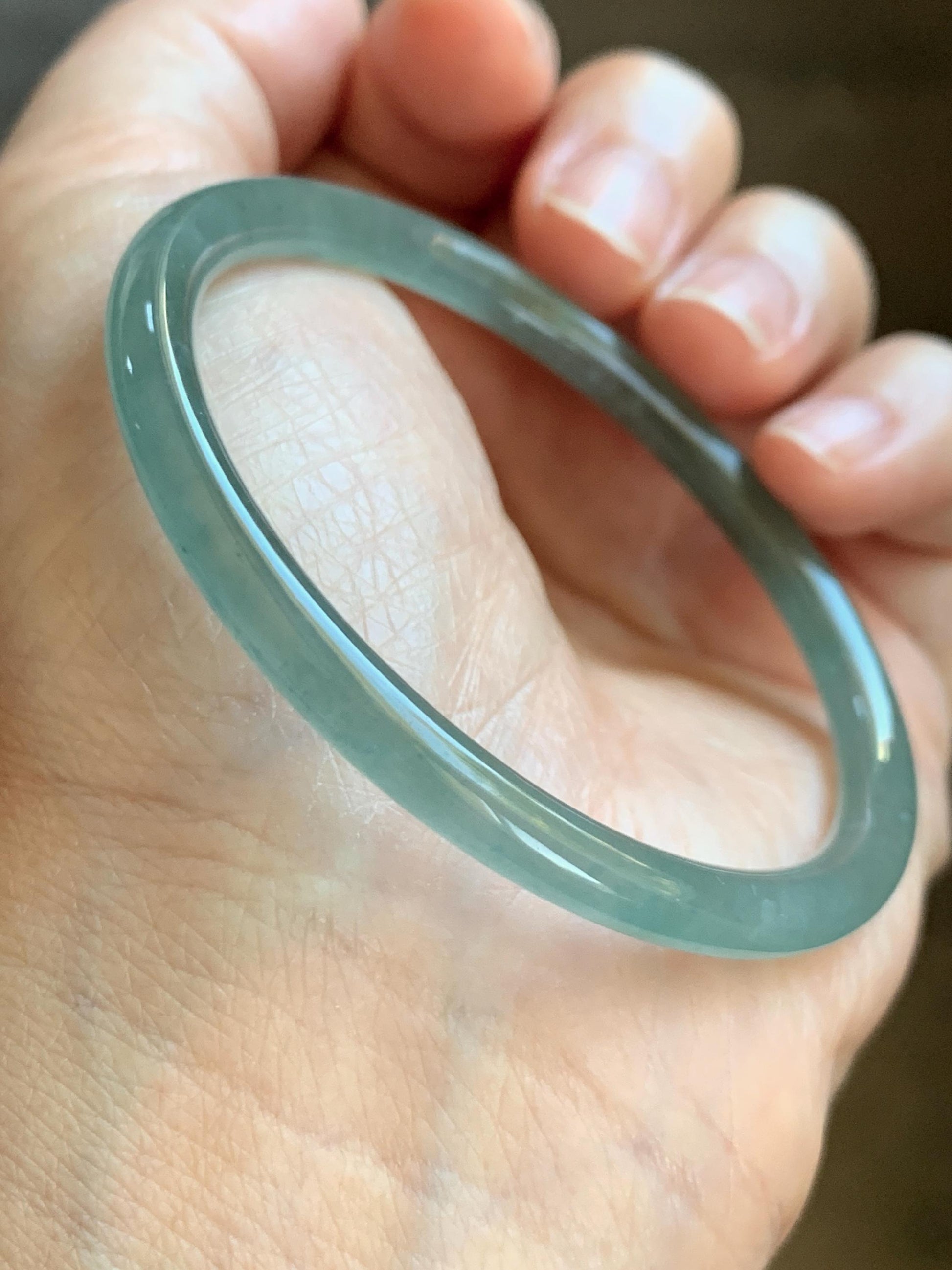 Certified Natural Grade A Guatemalan Icy Highly Translucent Dusty Teal Green Jade Jadeite Slim Bangle 53.05mm 6.56” 13g 天然冰胶危蓝绿翡翠细圆条手镯 207