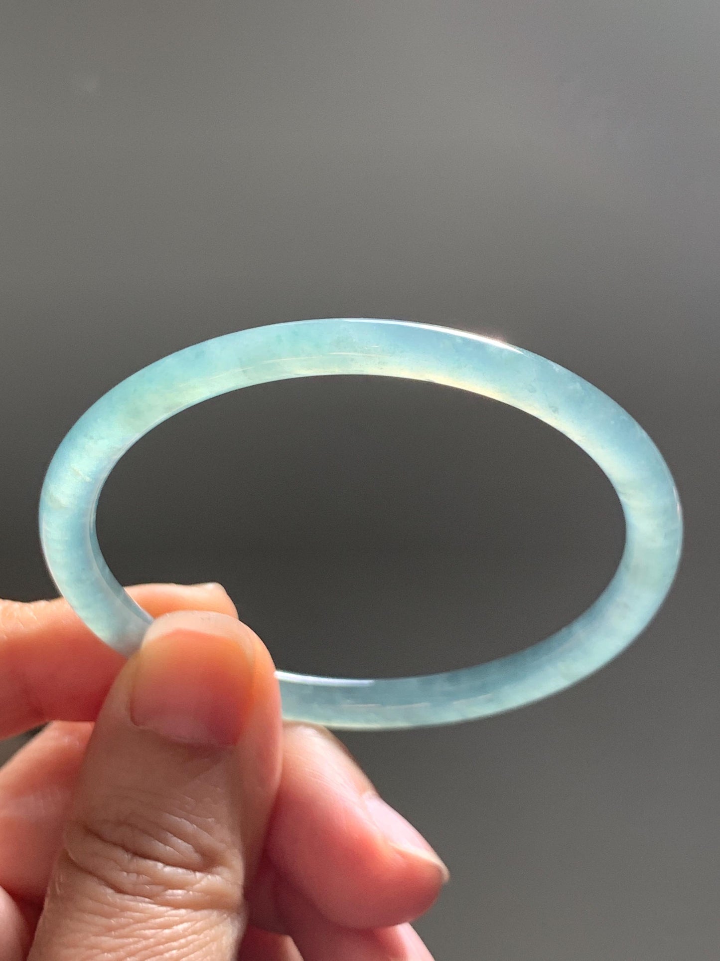 Certified Natural Grade A Guatemalan Icy Highly Translucent Dusty Teal Green Jade Jadeite Slim Bangle 53.05mm 6.56” 13g 天然冰胶危蓝绿翡翠细圆条手镯 207