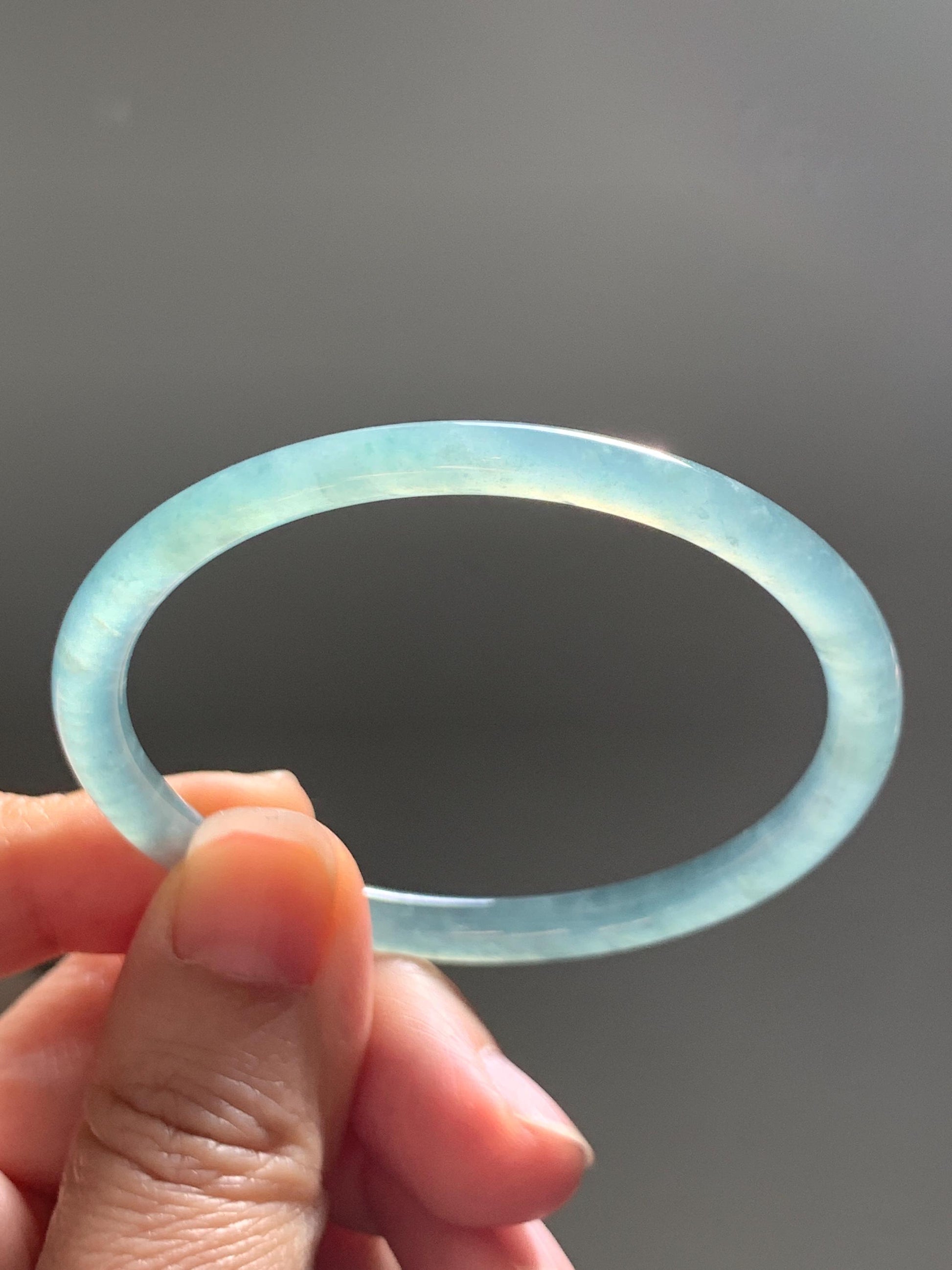 Certified Natural Grade A Guatemalan Icy Highly Translucent Dusty Teal Green Jade Jadeite Slim Bangle 53.05mm 6.56” 13g 天然冰胶危蓝绿翡翠细圆条手镯 207
