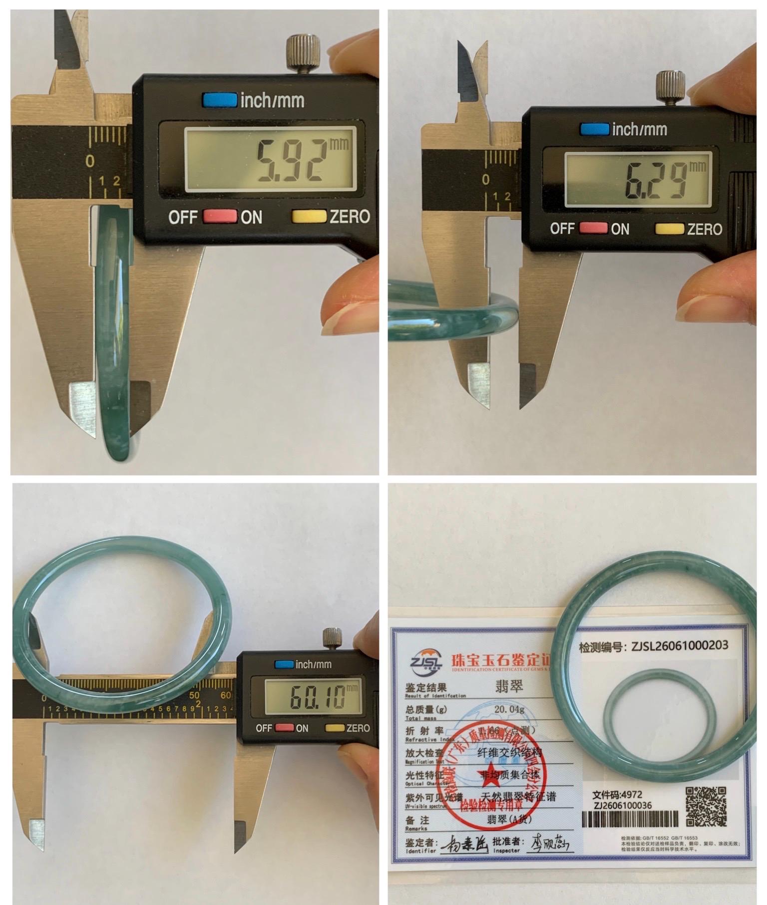 Certified Natural Grade A Guatemalan Icy Translucent Dusty Teal Jade Jadeite Slim Bangle 60.1mm 7.43” 20g 天然冰危暗蓝绿翡翠细圆条手镯 203
