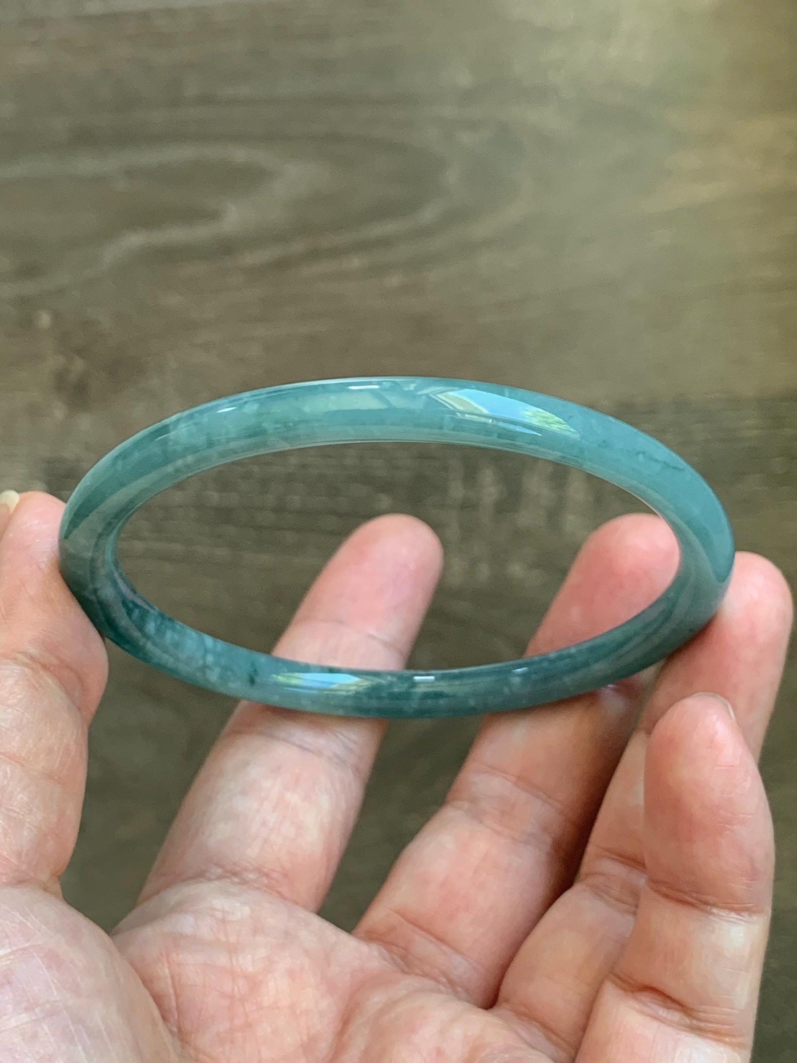 Certified Natural Grade A Guatemalan Icy Translucent Dusty Teal Jade Jadeite Slim Bangle 60.1mm 7.43” 20g 天然冰危暗蓝绿翡翠细圆条手镯 203