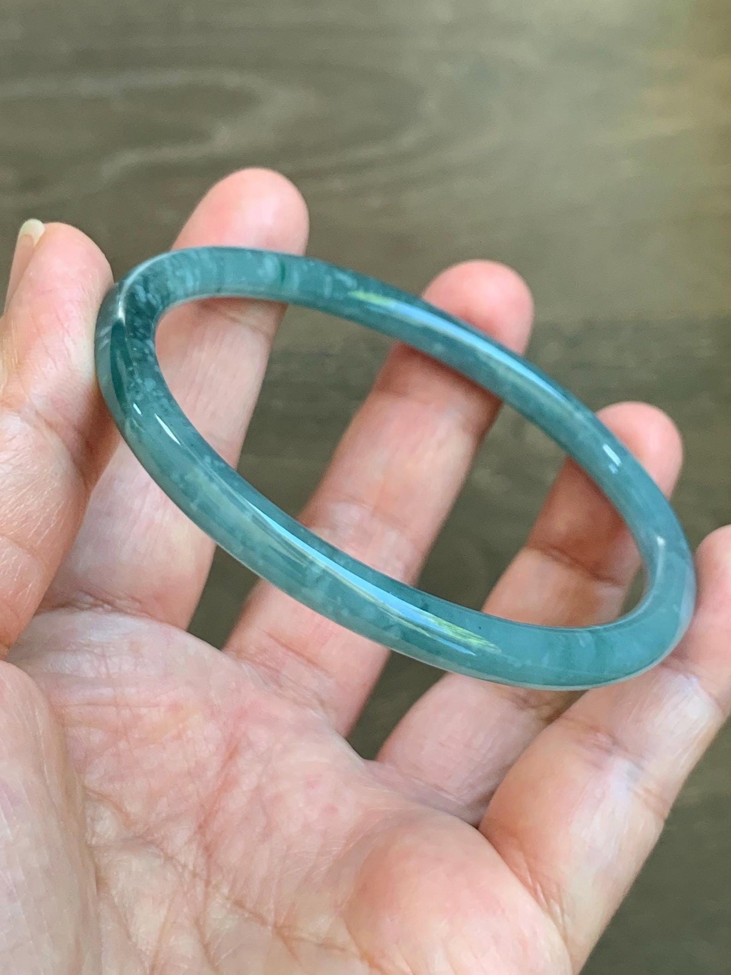 Certified Natural Grade A Guatemalan Icy Translucent Dusty Teal Jade Jadeite Slim Bangle 60.1mm 7.43” 20g 天然冰危暗蓝绿翡翠细圆条手镯 203
