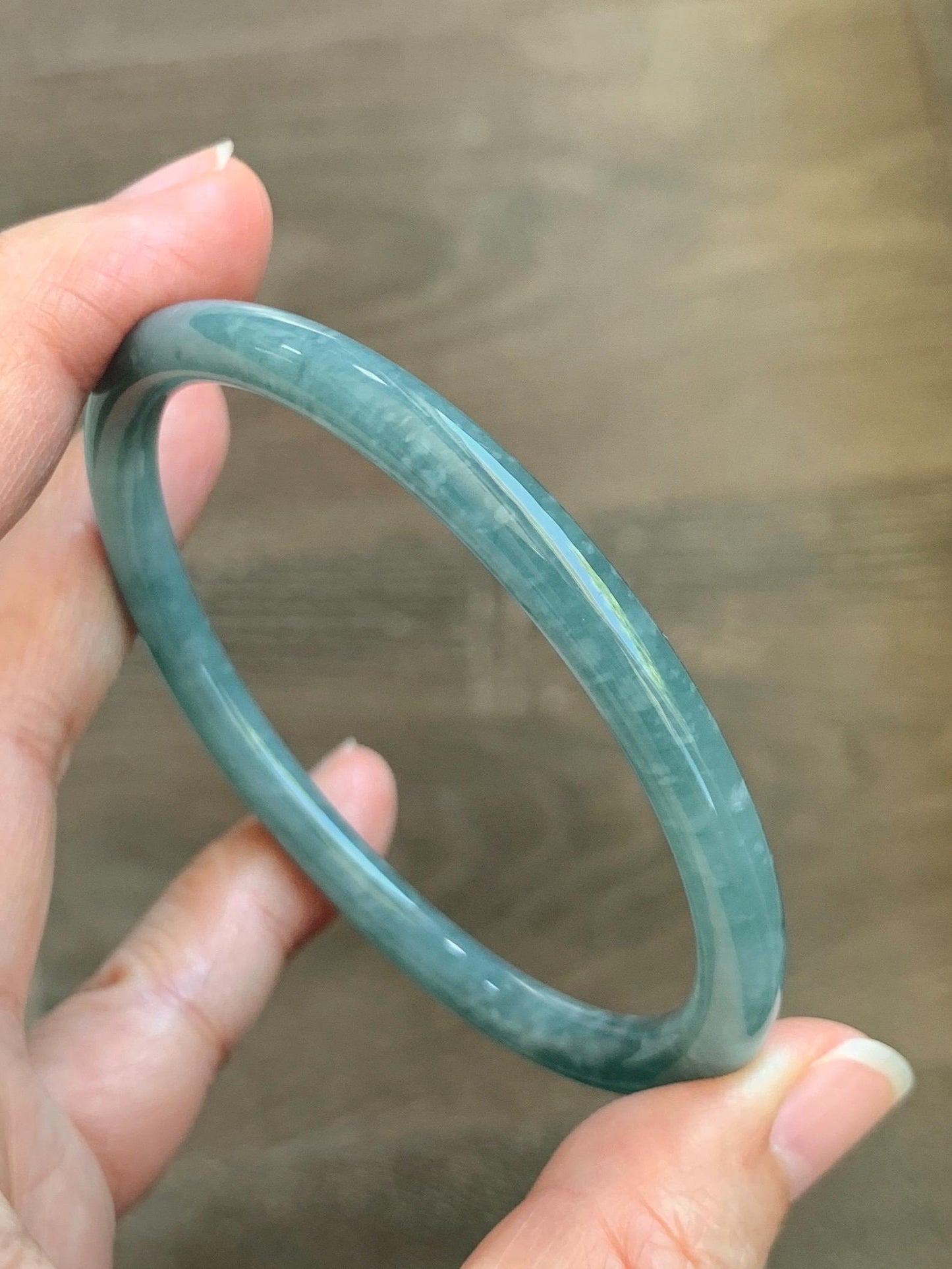 Certified Natural Grade A Guatemalan Icy Translucent Dusty Teal Jade Jadeite Slim Bangle 60.1mm 7.43” 20g 天然冰危暗蓝绿翡翠细圆条手镯 203