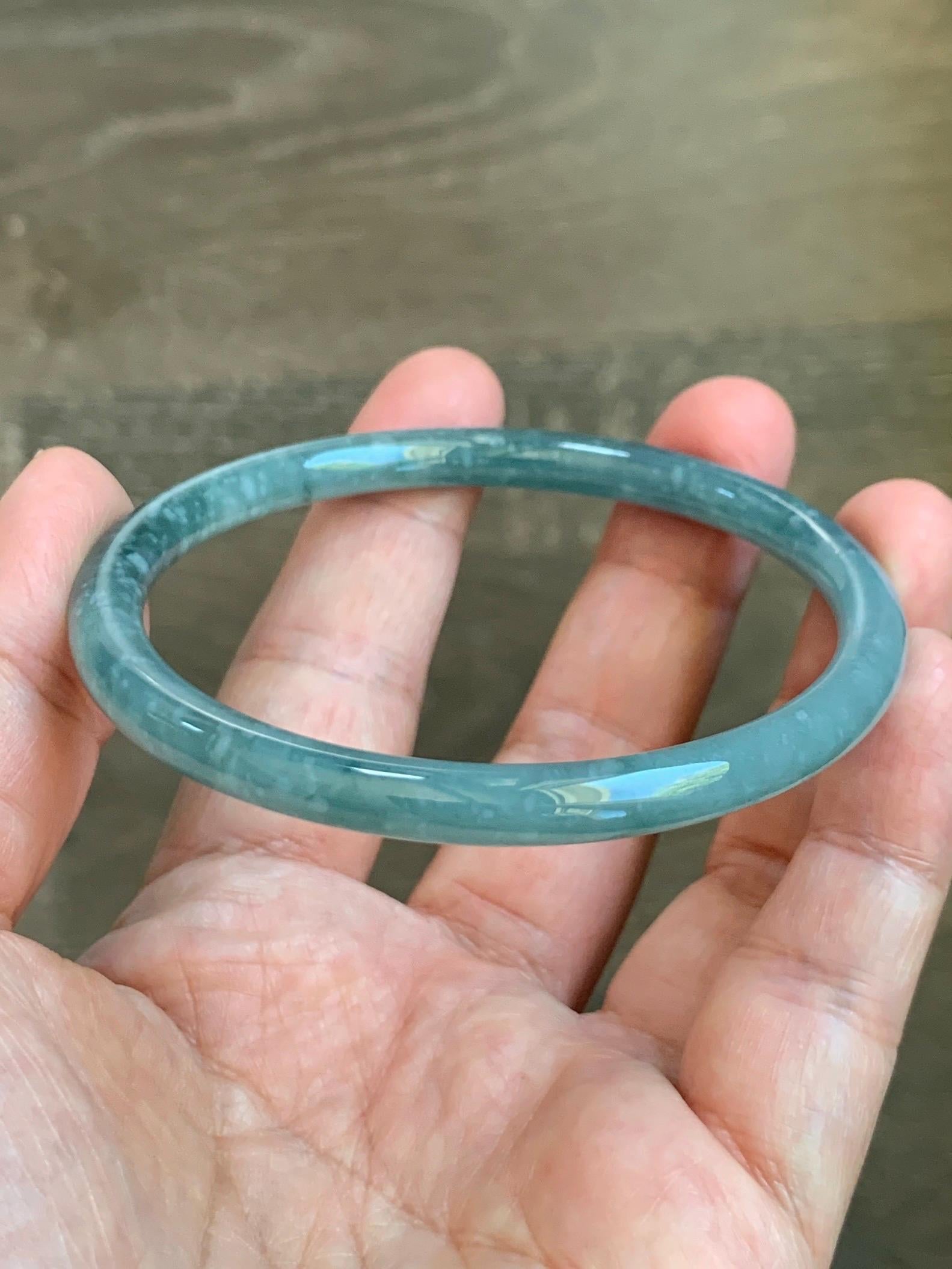 Certified Natural Grade A Guatemalan Icy Translucent Dusty Teal Jade Jadeite Slim Bangle 60.1mm 7.43” 20g 天然冰危暗蓝绿翡翠细圆条手镯 203