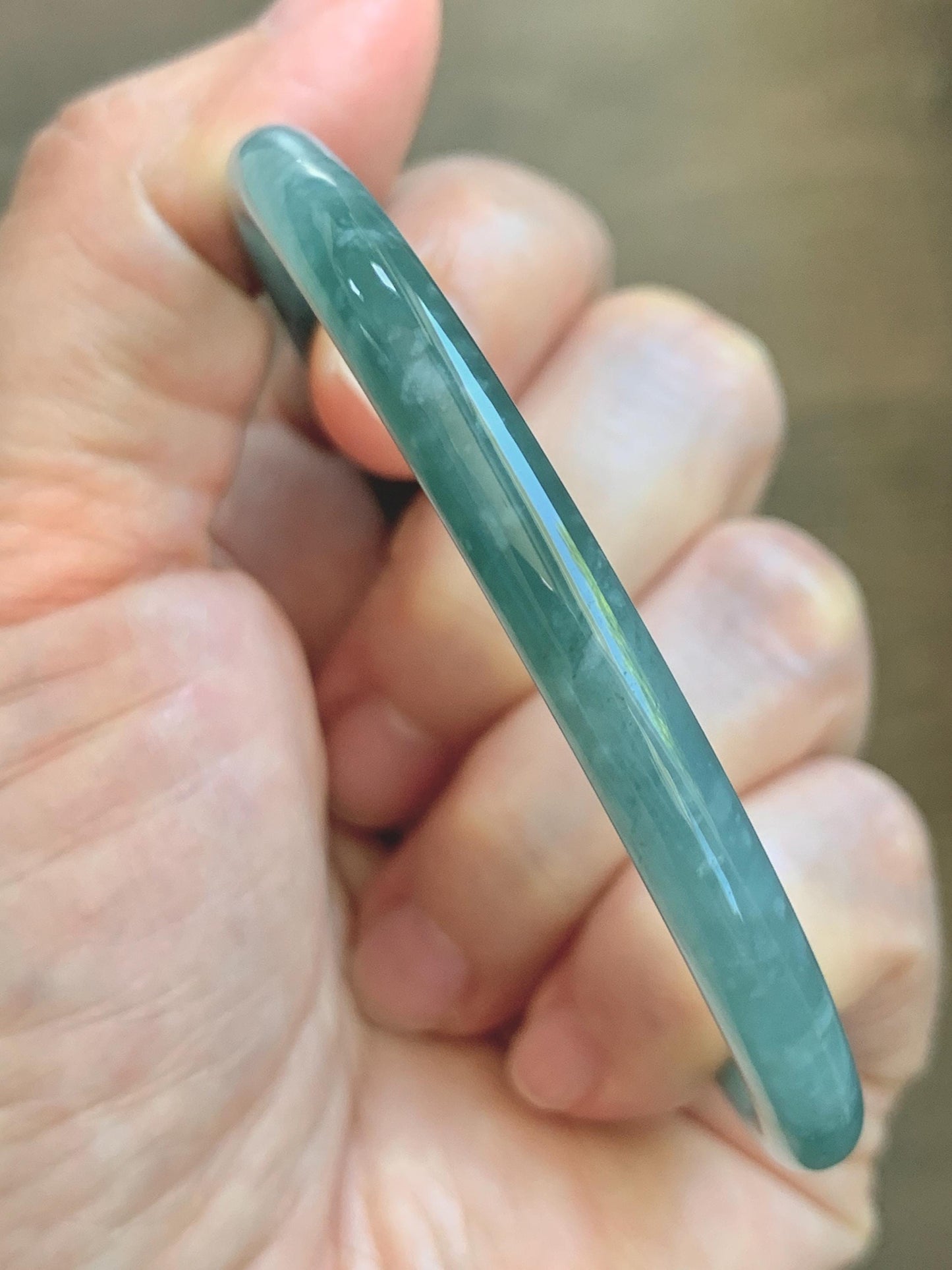 Certified Natural Grade A Guatemalan Icy Translucent Dusty Teal Jade Jadeite Slim Bangle 60.1mm 7.43” 20g 天然冰危暗蓝绿翡翠细圆条手镯 203