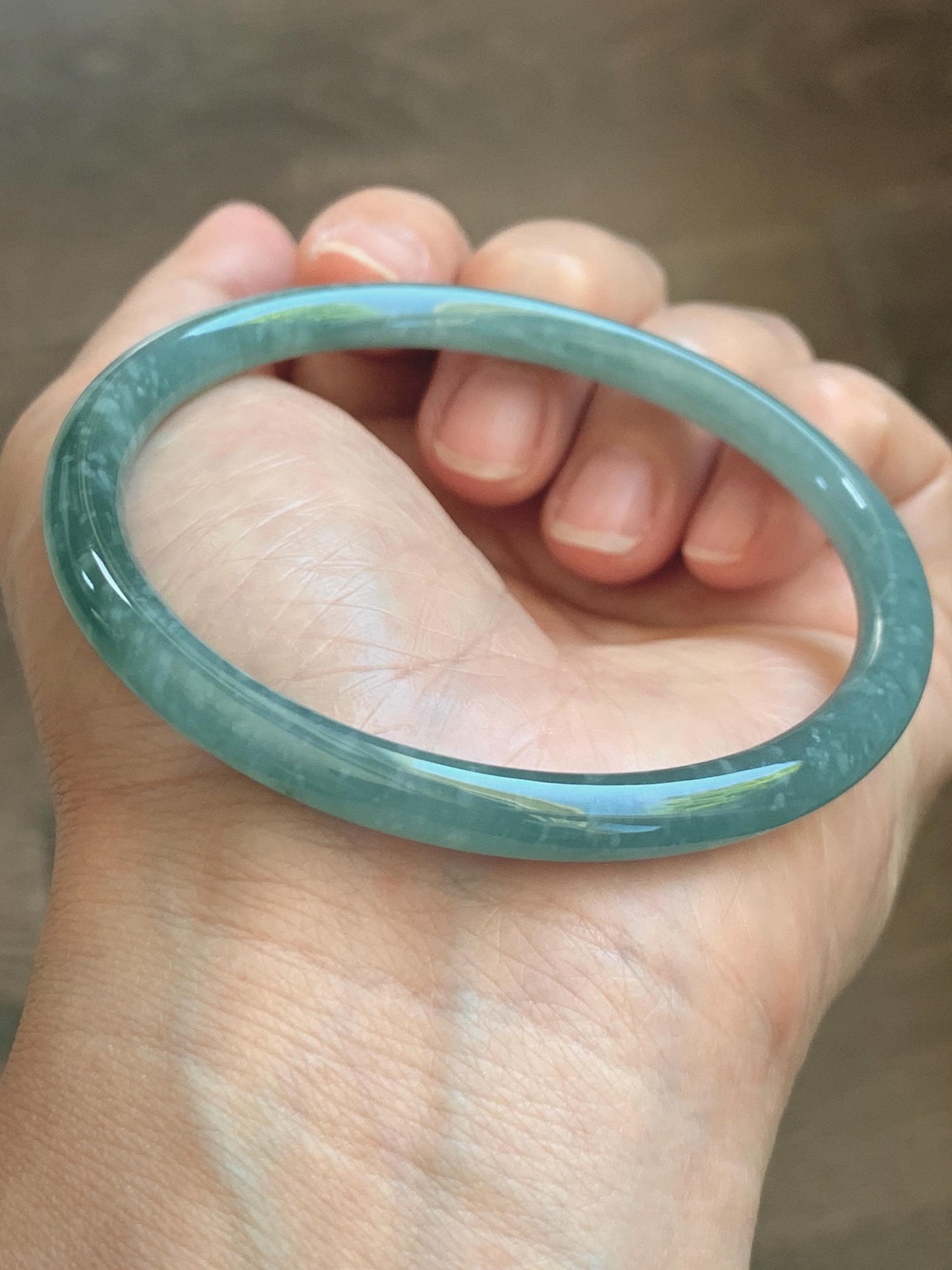 Certified Natural Grade A Guatemalan Icy Translucent Dusty Teal Jade Jadeite Slim Bangle 60.1mm 7.43” 20g 天然冰危暗蓝绿翡翠细圆条手镯 203
