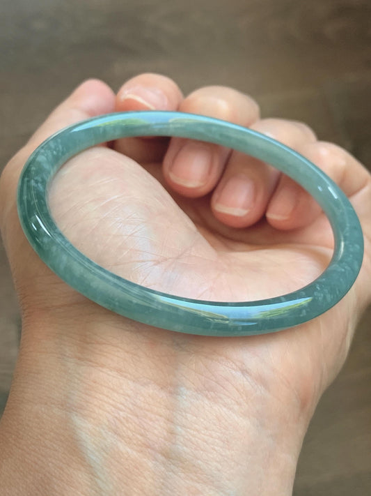 Certified Natural Grade A Guatemalan Icy Translucent Dusty Teal Jade Jadeite Slim Bangle 60.1mm 7.43” 20g 天然冰危暗蓝绿翡翠细圆条手镯 203