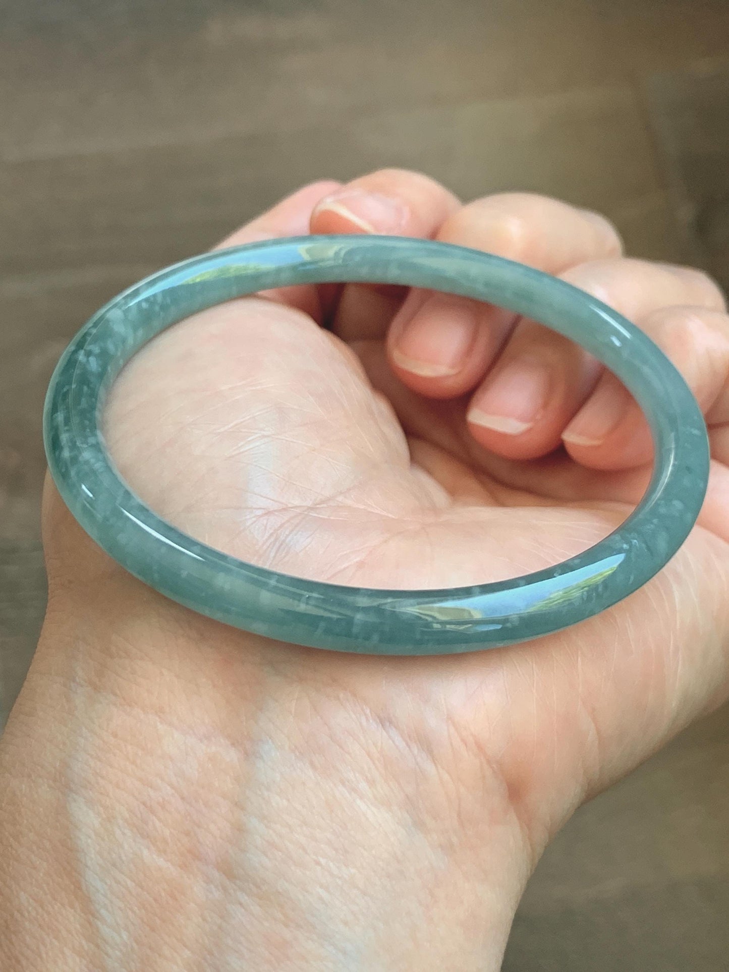 Certified Natural Grade A Guatemalan Icy Translucent Dusty Teal Jade Jadeite Slim Bangle 60.1mm 7.43” 20g 天然冰危暗蓝绿翡翠细圆条手镯 203