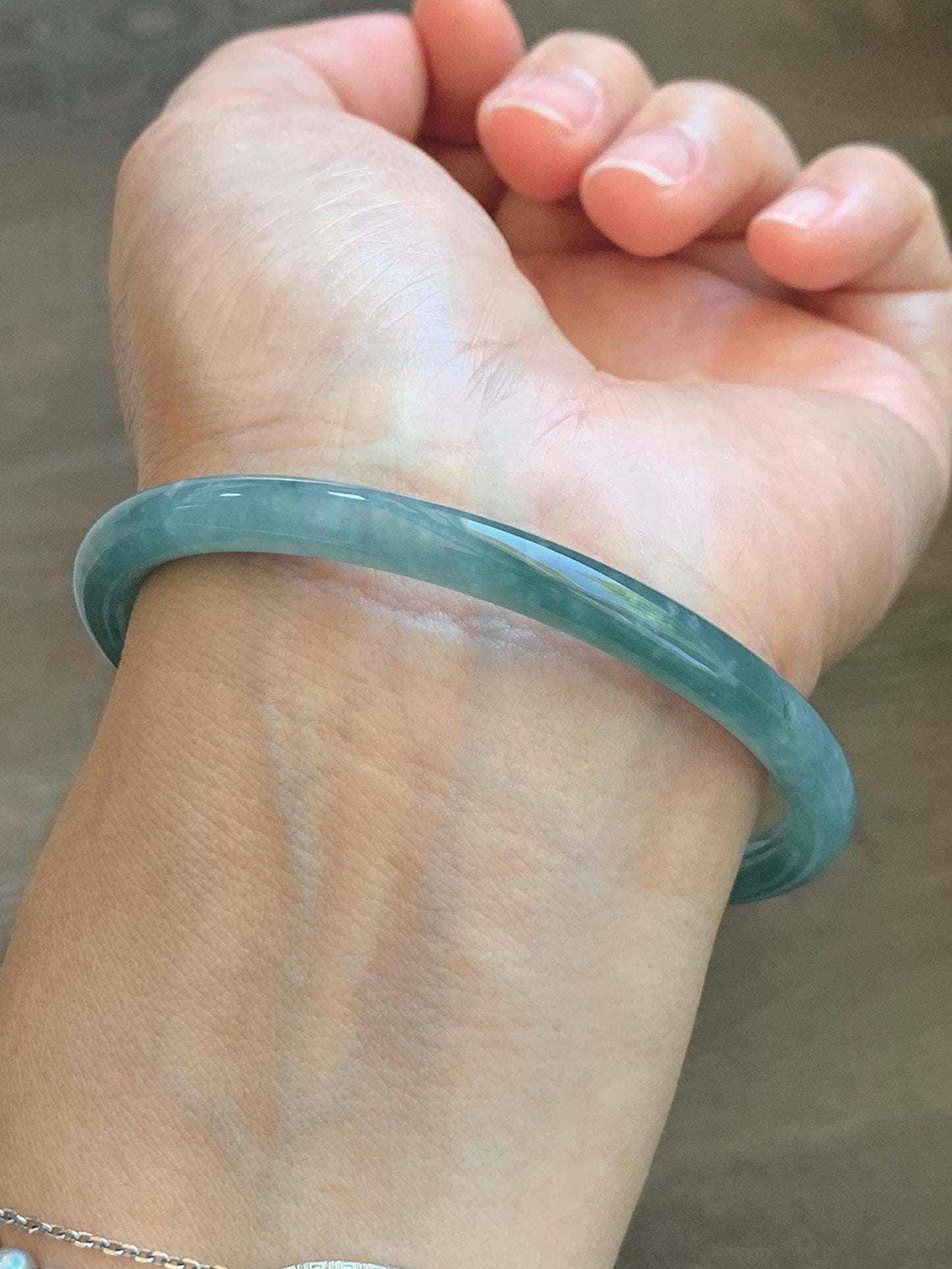 Certified Natural Grade A Guatemalan Icy Translucent Dusty Teal Jade Jadeite Slim Bangle 60.1mm 7.43” 20g 天然冰危暗蓝绿翡翠细圆条手镯 203