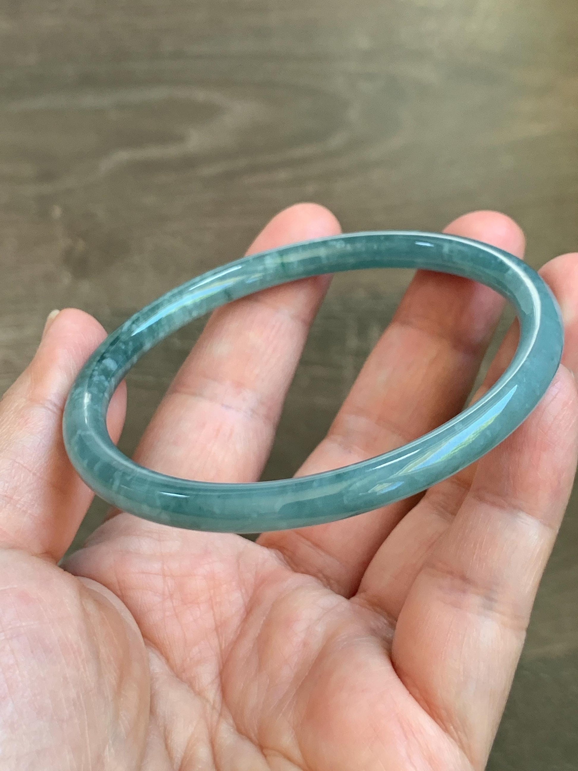 Certified Natural Grade A Guatemalan Icy Translucent Dusty Teal Jade Jadeite Slim Bangle 60.1mm 7.43” 20g 天然冰危暗蓝绿翡翠细圆条手镯 203