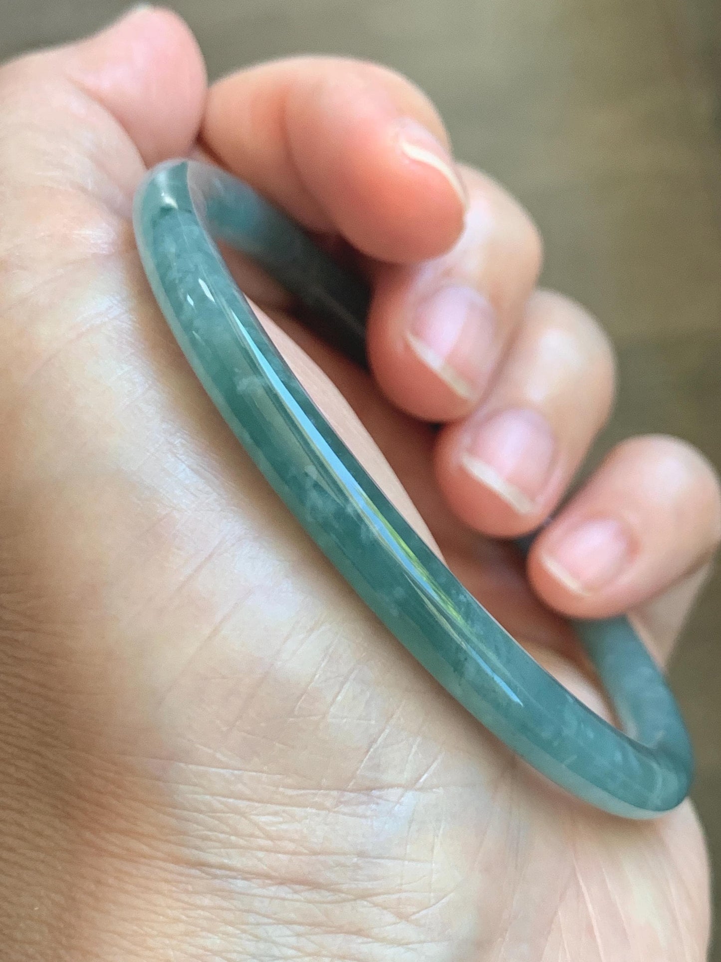 Certified Natural Grade A Guatemalan Icy Translucent Dusty Teal Jade Jadeite Slim Bangle 60.1mm 7.43” 20g 天然冰危暗蓝绿翡翠细圆条手镯 203