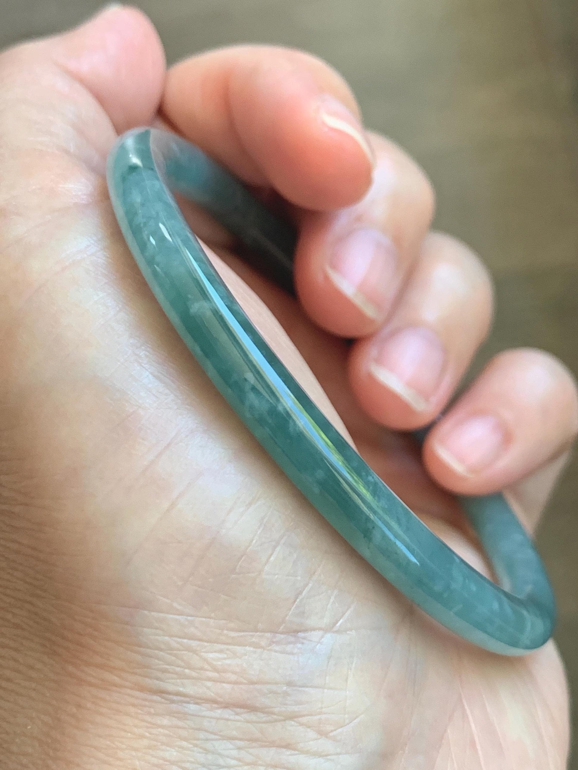 Certified Natural Grade A Guatemalan Icy Translucent Dusty Teal Jade Jadeite Slim Bangle 60.1mm 7.43” 20g 天然冰危暗蓝绿翡翠细圆条手镯 203