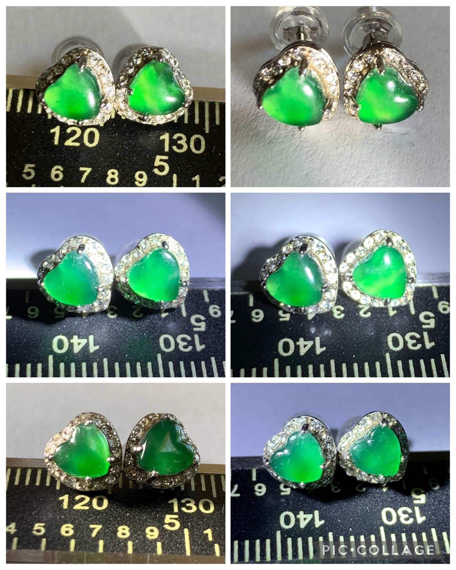 Natural Grade A Guatemalan Icy Translucent Green Jade Jadeite Heart Halo Stud Earrings Sterling Silver 天然冰危绿翡翠爱心银耳钉 AXD110