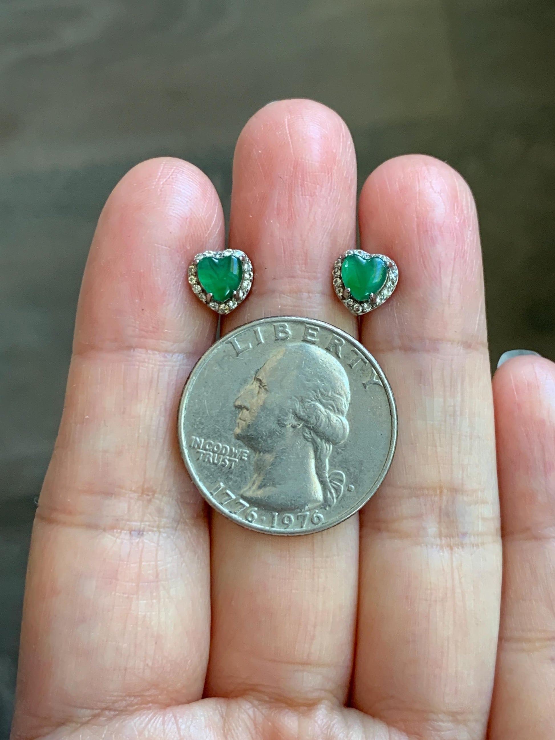 Natural Grade A Guatemalan Icy Translucent Green Jade Jadeite Heart Halo Stud Earrings Sterling Silver 天然冰危绿翡翠爱心银耳钉 AXD110