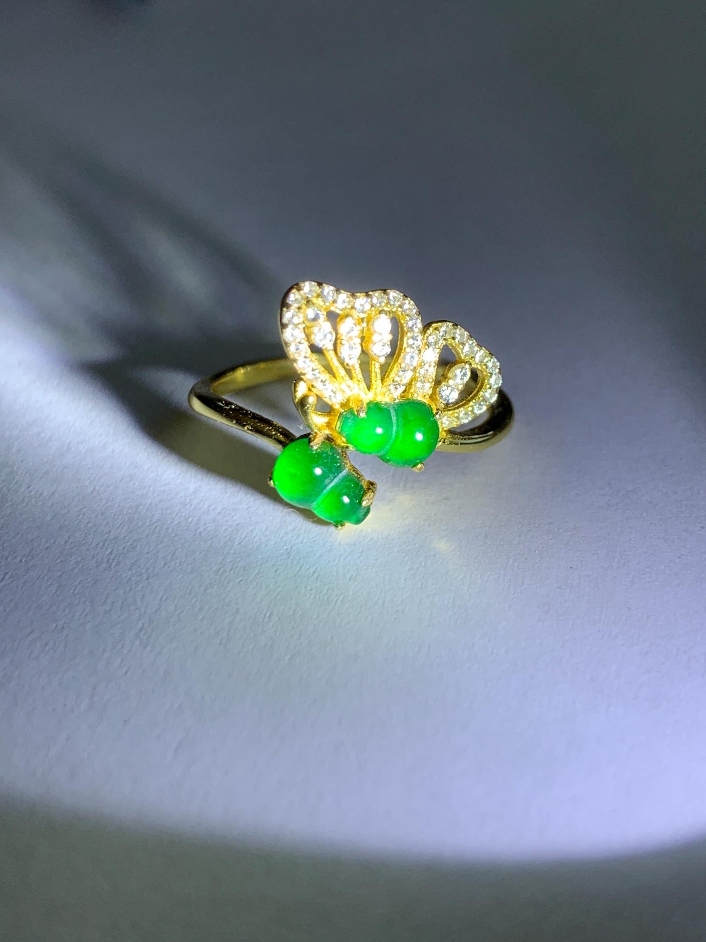 Natural Grade A Guatemalan Icy Translucent Vibrant Green Jade Jadeite Gourd Hulu Ring Sterling Silver Size 7 Adjustable 天然冰危绿翡翠双葫芦戒指 SHL176B