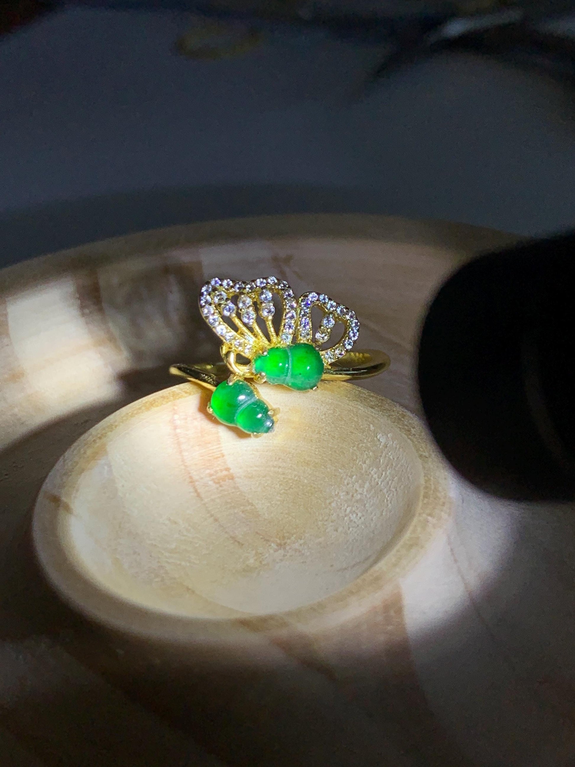 Natural Grade A Guatemalan Icy Vibrant Green Jade Jadeite Gourd Hulu Ring Sterling Silver Size 7 Adjustable AS IS 天然冰危绿翡翠双葫芦戒指 SHL176A