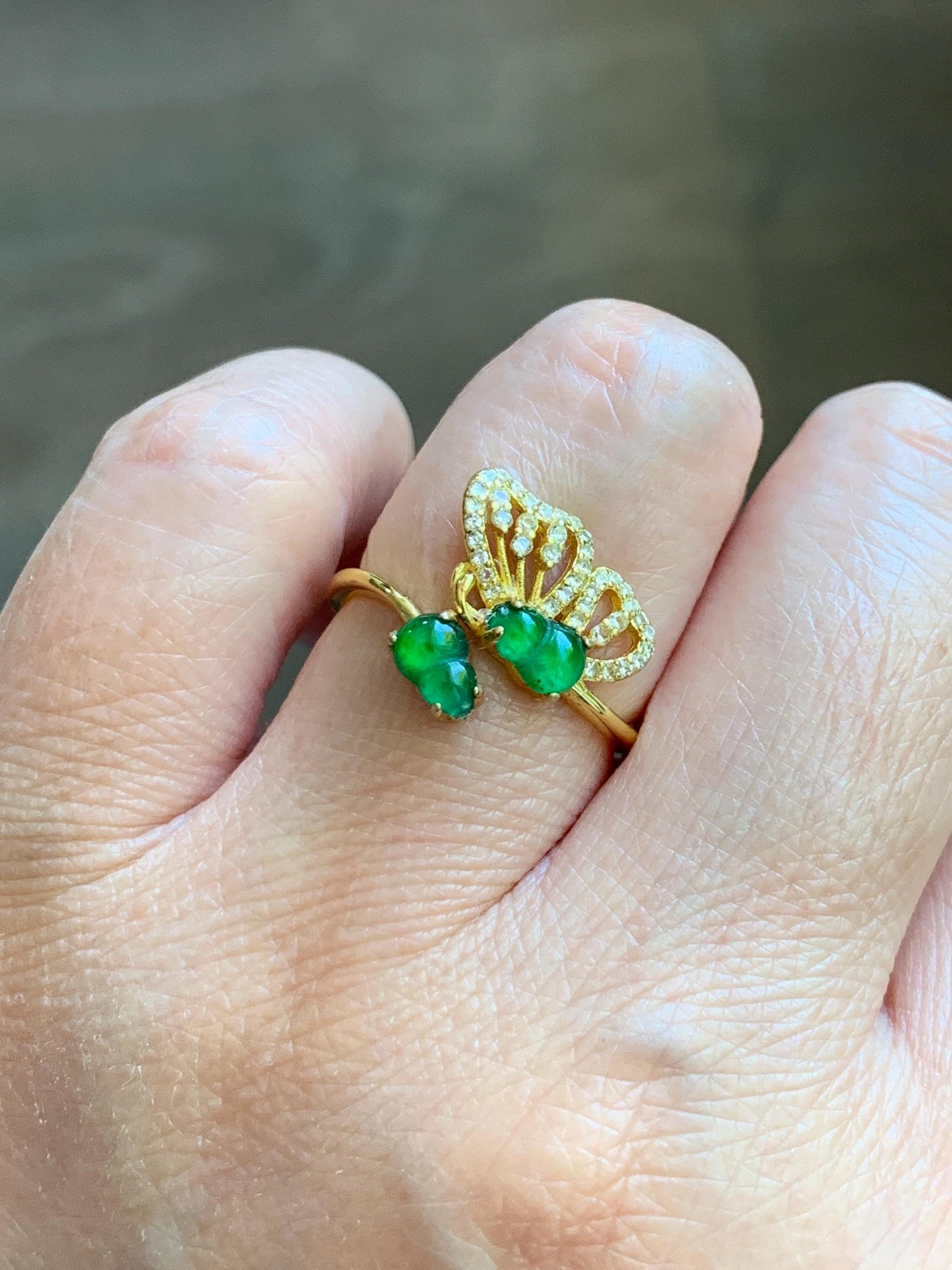 Natural Grade A Guatemalan Icy Vibrant Green Jade Jadeite Gourd Hulu Ring Sterling Silver Size 7 Adjustable AS IS 天然冰危绿翡翠双葫芦戒指 SHL176A