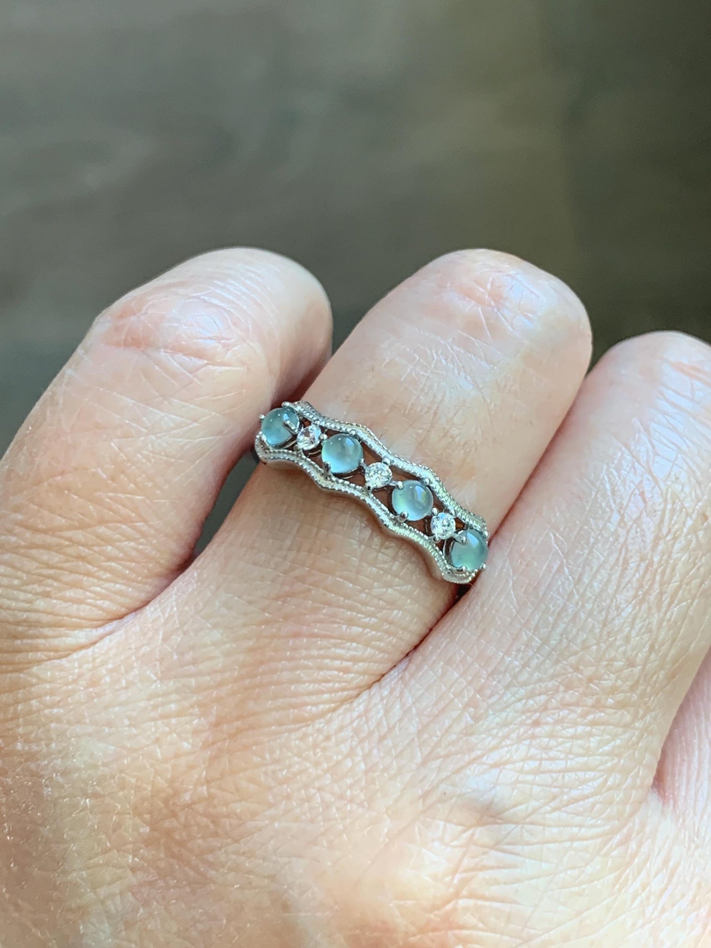 Natural Grade A Guatemalan Icy Highly Translucent Pale Blue Jade Jadeite 4-Stone Band Ring Sterling Silver Size Adjustable 天然冰危淡蓝翡翠排戒 WQLP77