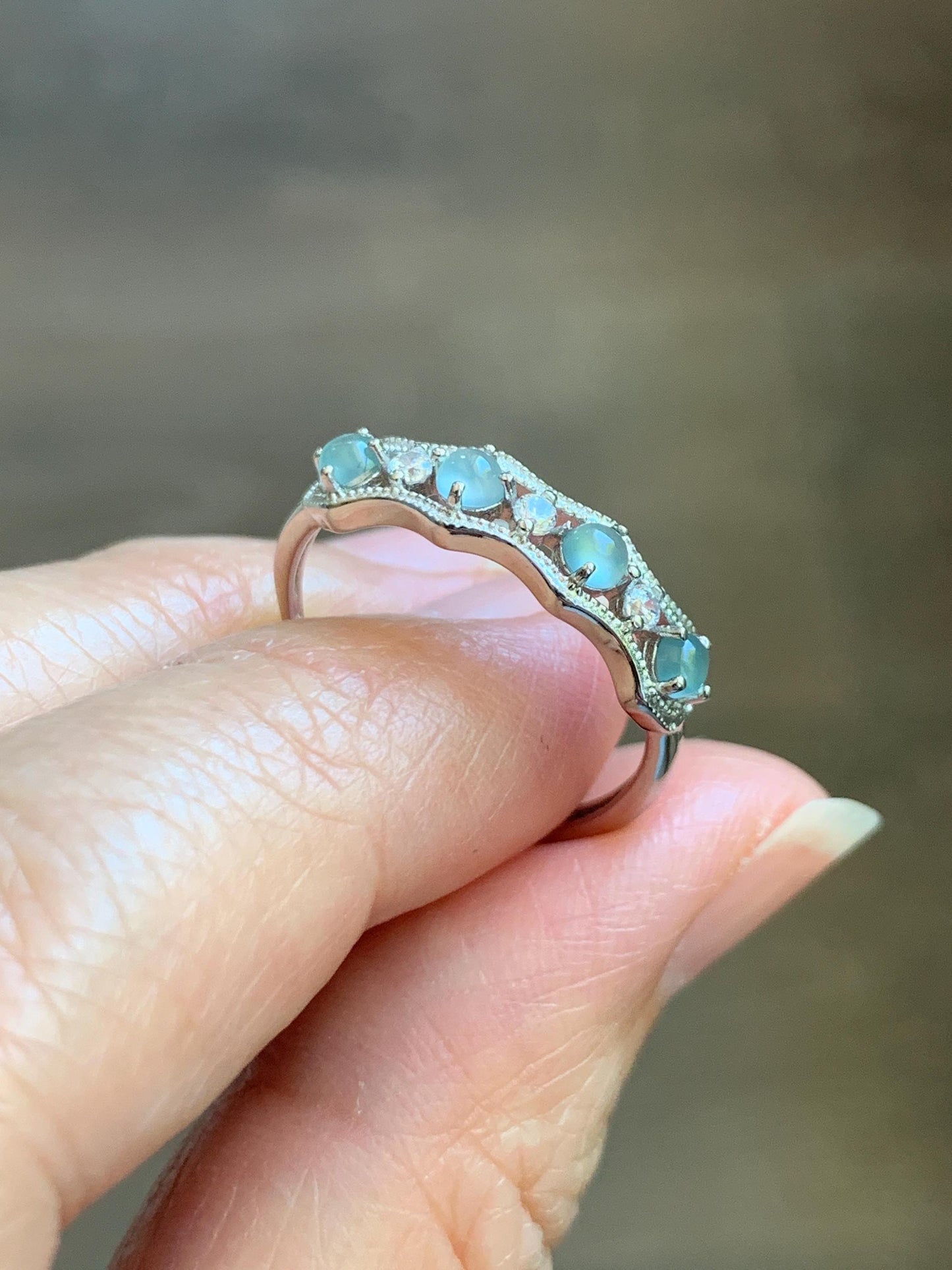 Natural Grade A Guatemalan Icy Highly Translucent Pale Blue Jade Jadeite 4-Stone Band Ring Sterling Silver Size Adjustable 天然冰危淡蓝翡翠排戒 WQLP77