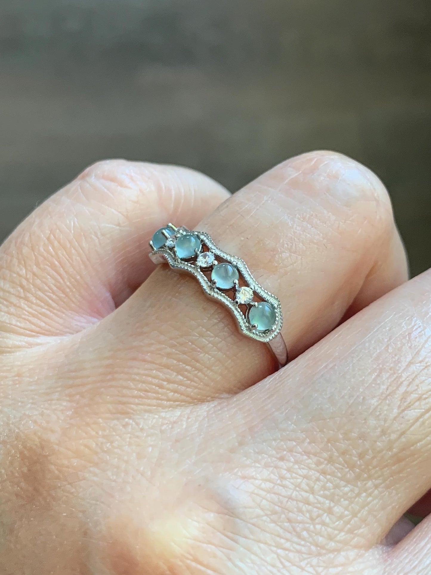 Natural Grade A Guatemalan Icy Highly Translucent Pale Blue Jade Jadeite 4-Stone Band Ring Sterling Silver Size Adjustable 天然冰危淡蓝翡翠排戒 WQLP77