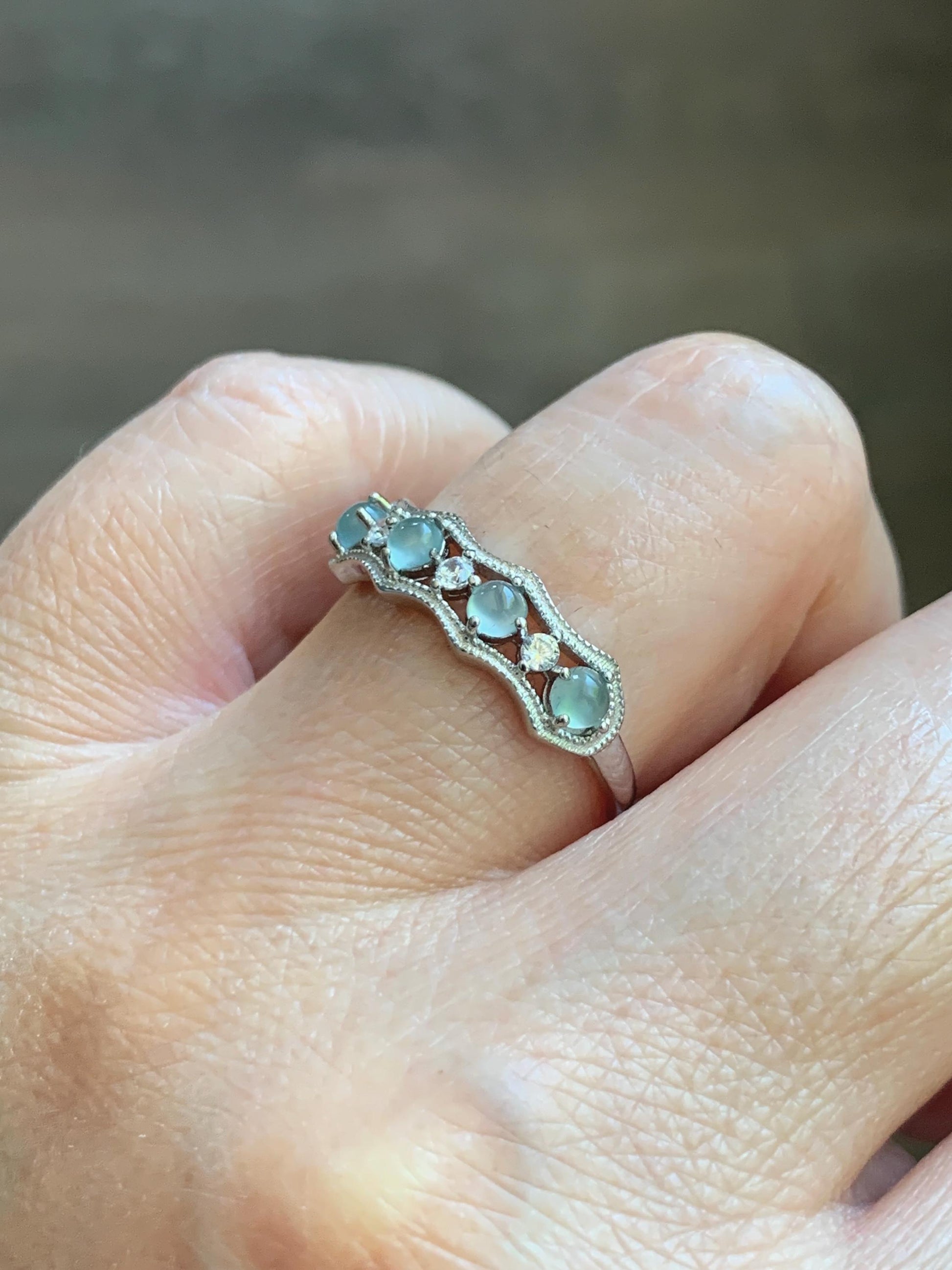 Natural Grade A Guatemalan Icy Highly Translucent Pale Blue Jade Jadeite 4-Stone Band Ring Sterling Silver Size Adjustable 天然冰危淡蓝翡翠排戒 WQLP77