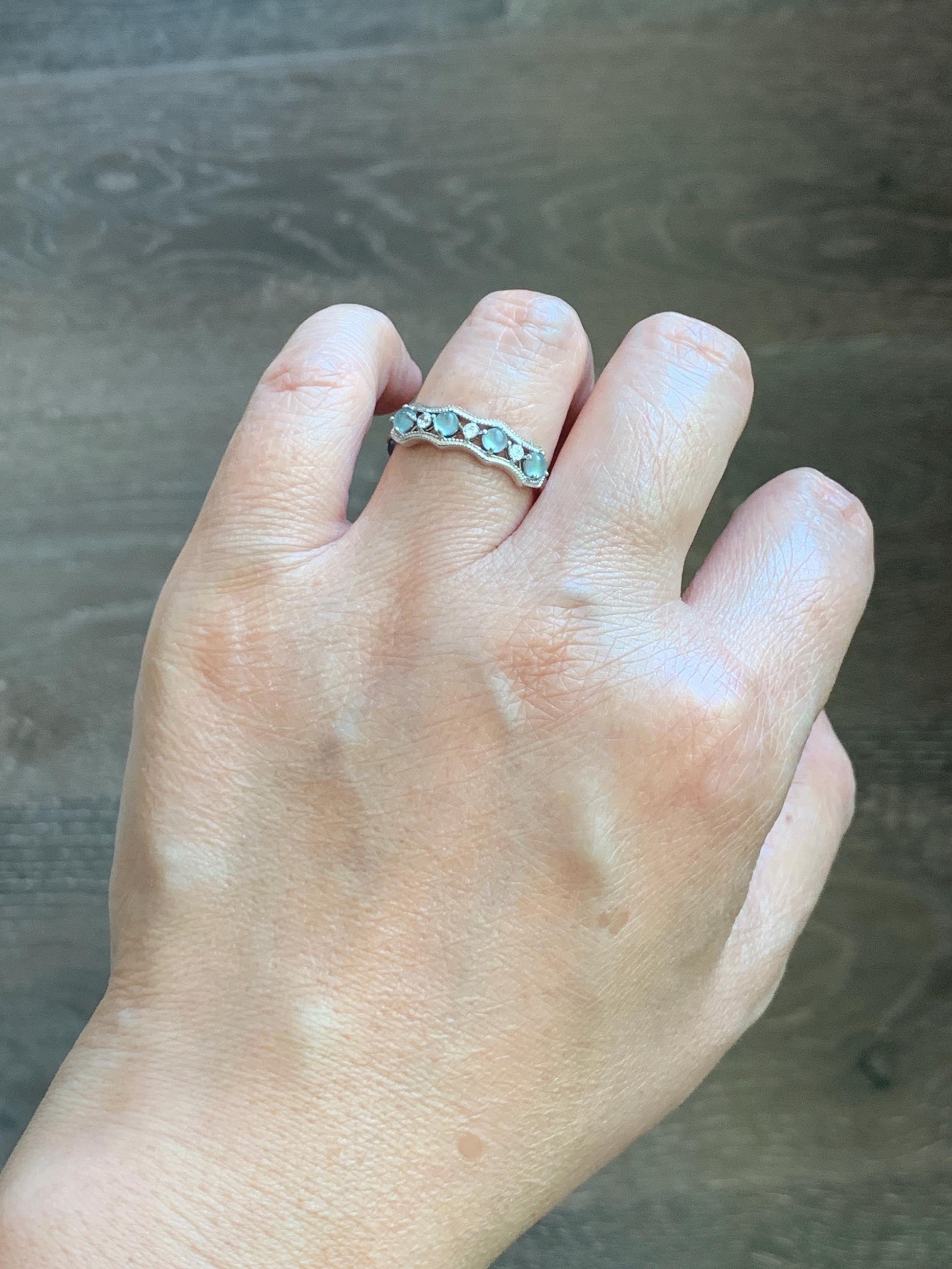 Natural Grade A Guatemalan Icy Highly Translucent Pale Blue Jade Jadeite 4-Stone Band Ring Sterling Silver Size Adjustable 天然冰危淡蓝翡翠排戒 WQLP77