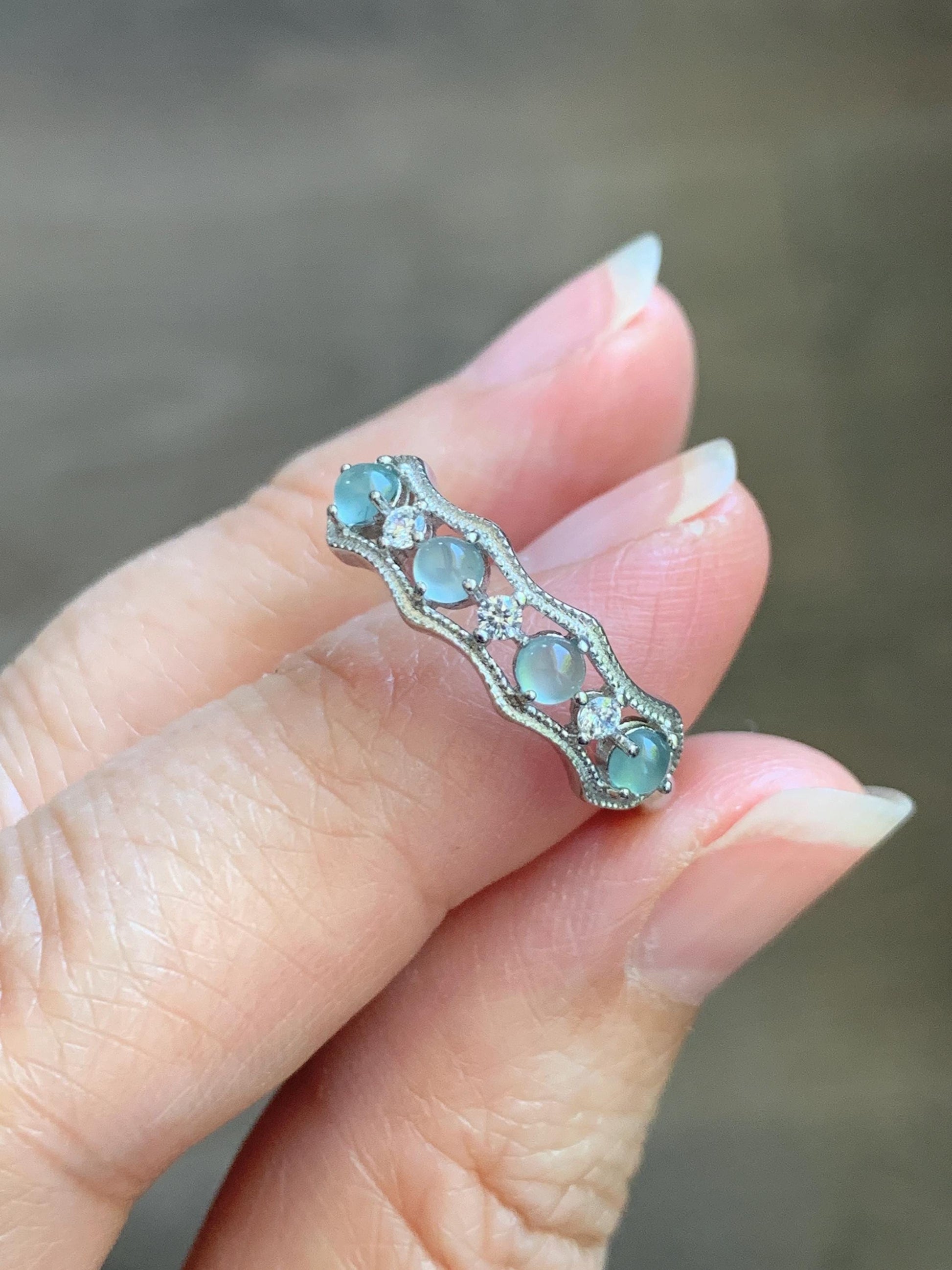 Natural Grade A Guatemalan Icy Highly Translucent Pale Blue Jade Jadeite 4-Stone Band Ring Sterling Silver Size Adjustable 天然冰危淡蓝翡翠排戒 WQLP77