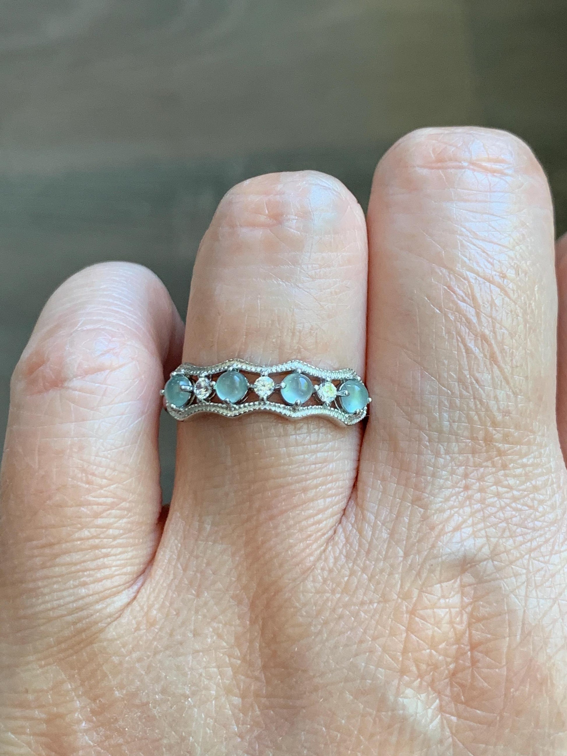 Natural Grade A Guatemalan Icy Highly Translucent Pale Blue Jade Jadeite 4-Stone Band Ring Sterling Silver Size Adjustable 天然冰危淡蓝翡翠排戒 WQLP77