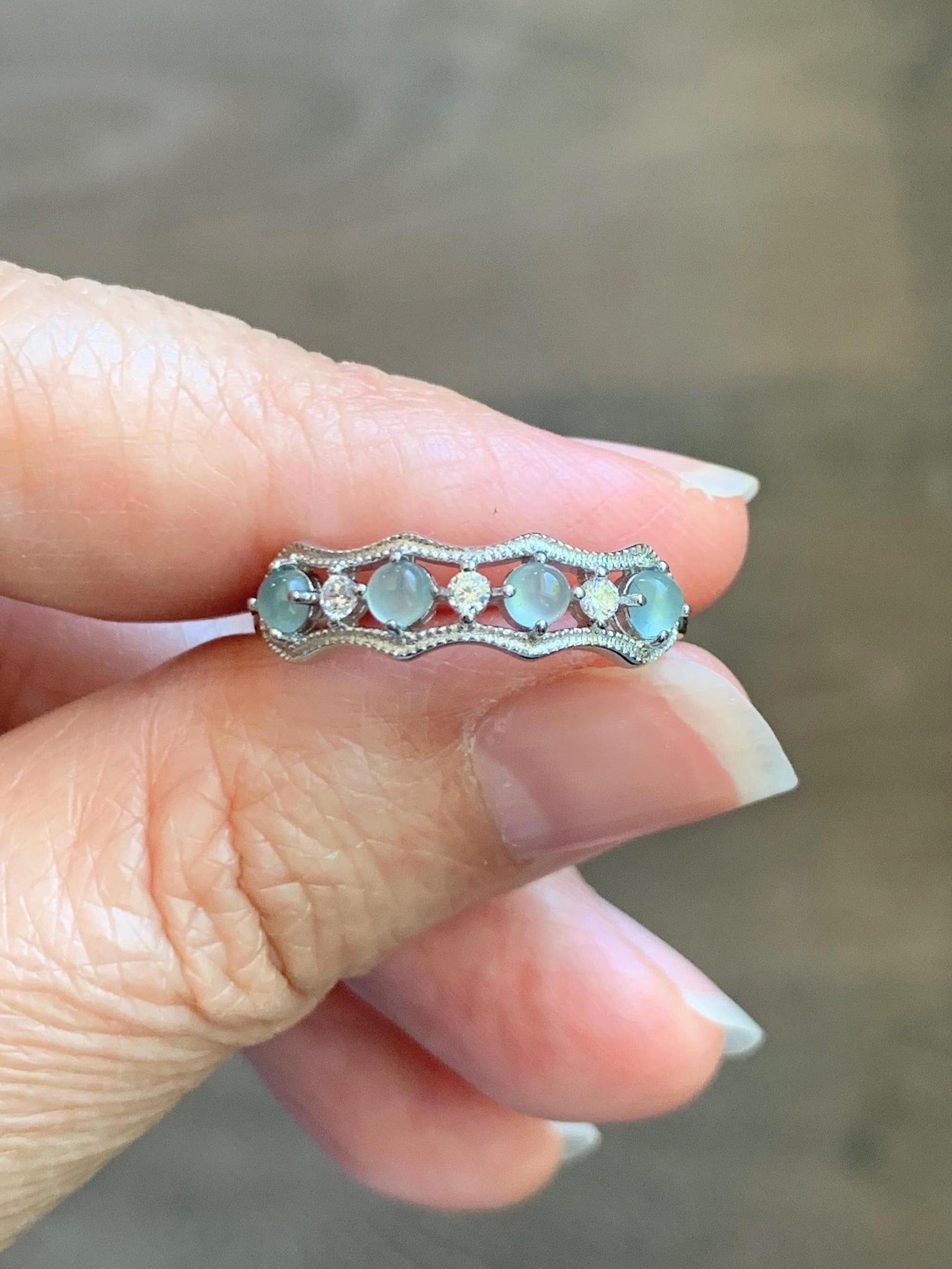 Natural Grade A Guatemalan Icy Highly Translucent Pale Blue Jade Jadeite 4-Stone Band Ring Sterling Silver Size Adjustable 天然冰危淡蓝翡翠排戒 WQLP77