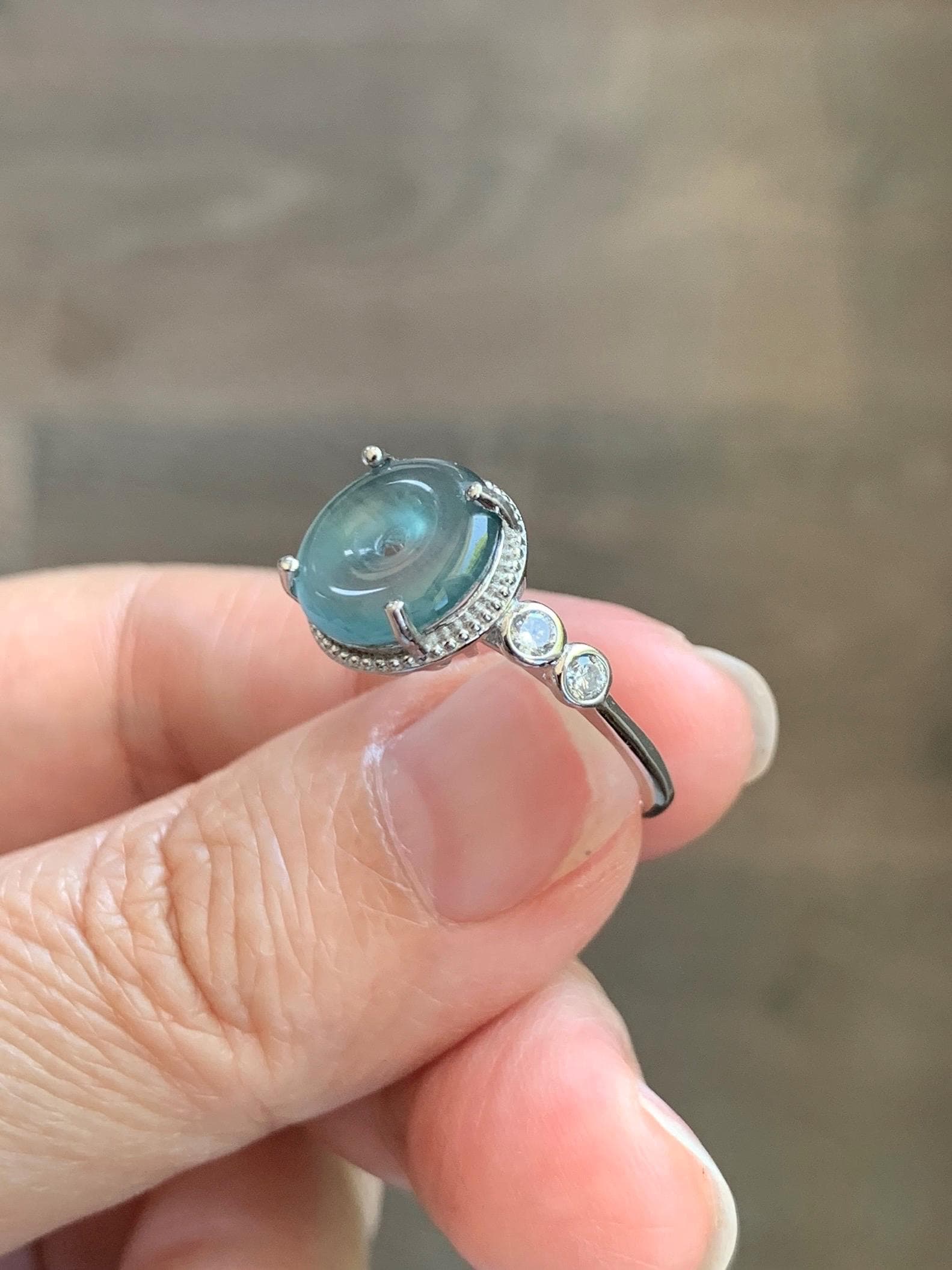 Natural Grade A Guatemalan Icy Translucent Teal Blue Jade Jadeite Donut Ping An Kou Ring Sterling Silver Size 7 Adjustable 天然冰危蓝翡翠平安扣戒指WLK88