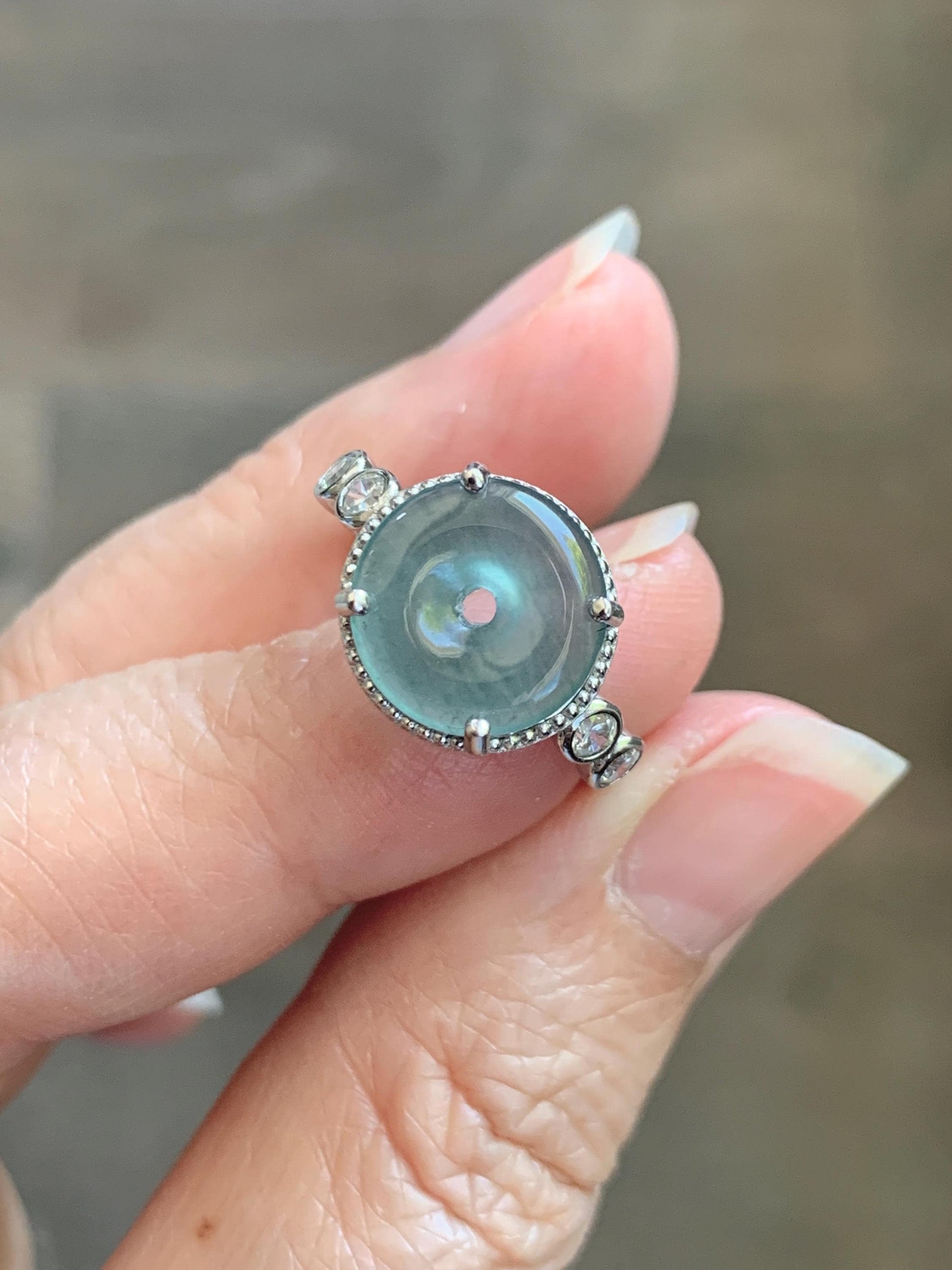 Natural Grade A Guatemalan Icy Translucent Teal Blue Jade Jadeite Donut Ping An Kou Ring Sterling Silver Size 7 Adjustable 天然冰危蓝翡翠平安扣戒指WLK88