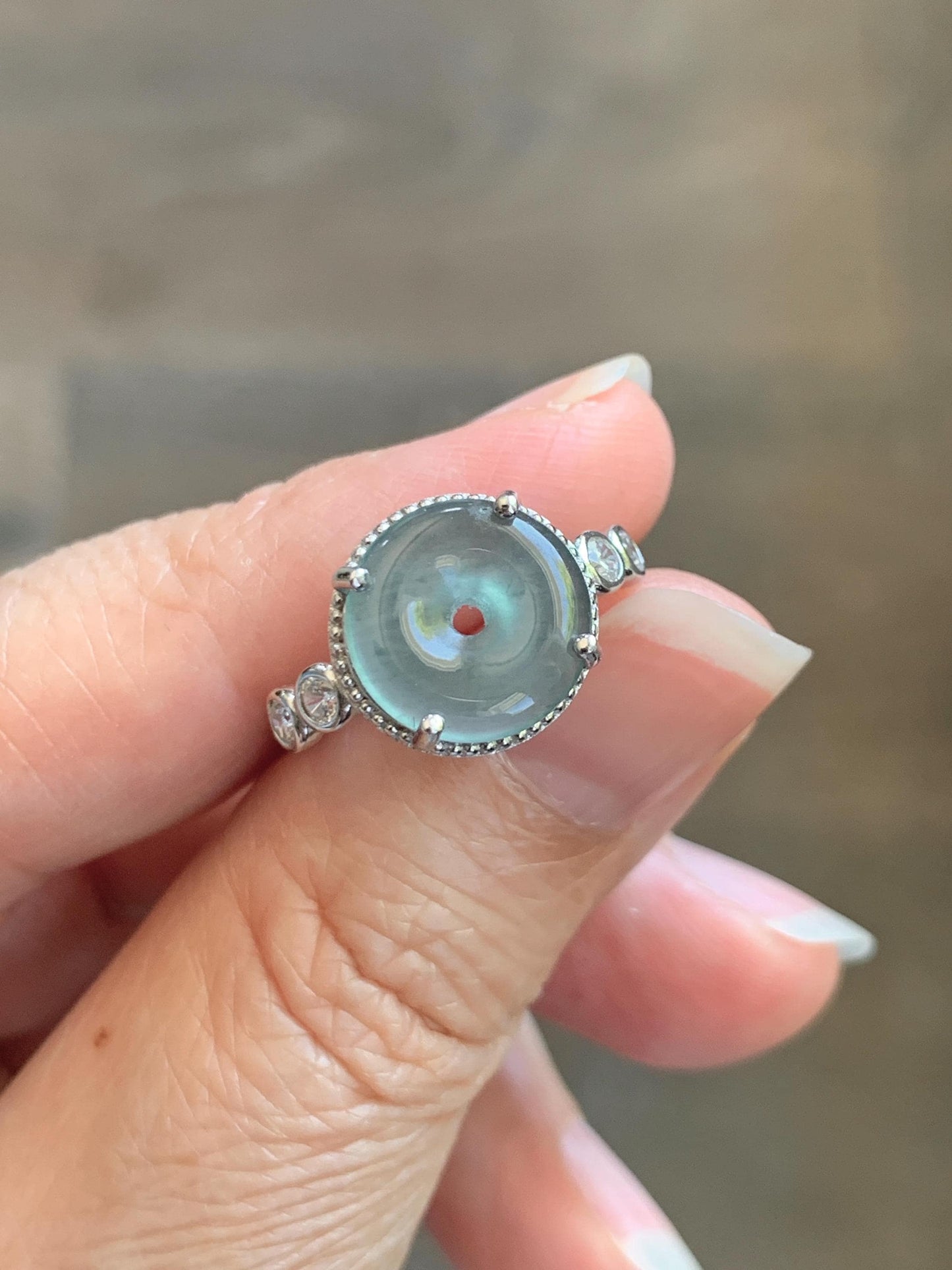 Natural Grade A Guatemalan Icy Translucent Teal Blue Jade Jadeite Donut Ping An Kou Ring Sterling Silver Size 7 Adjustable 天然冰危蓝翡翠平安扣戒指WLK88