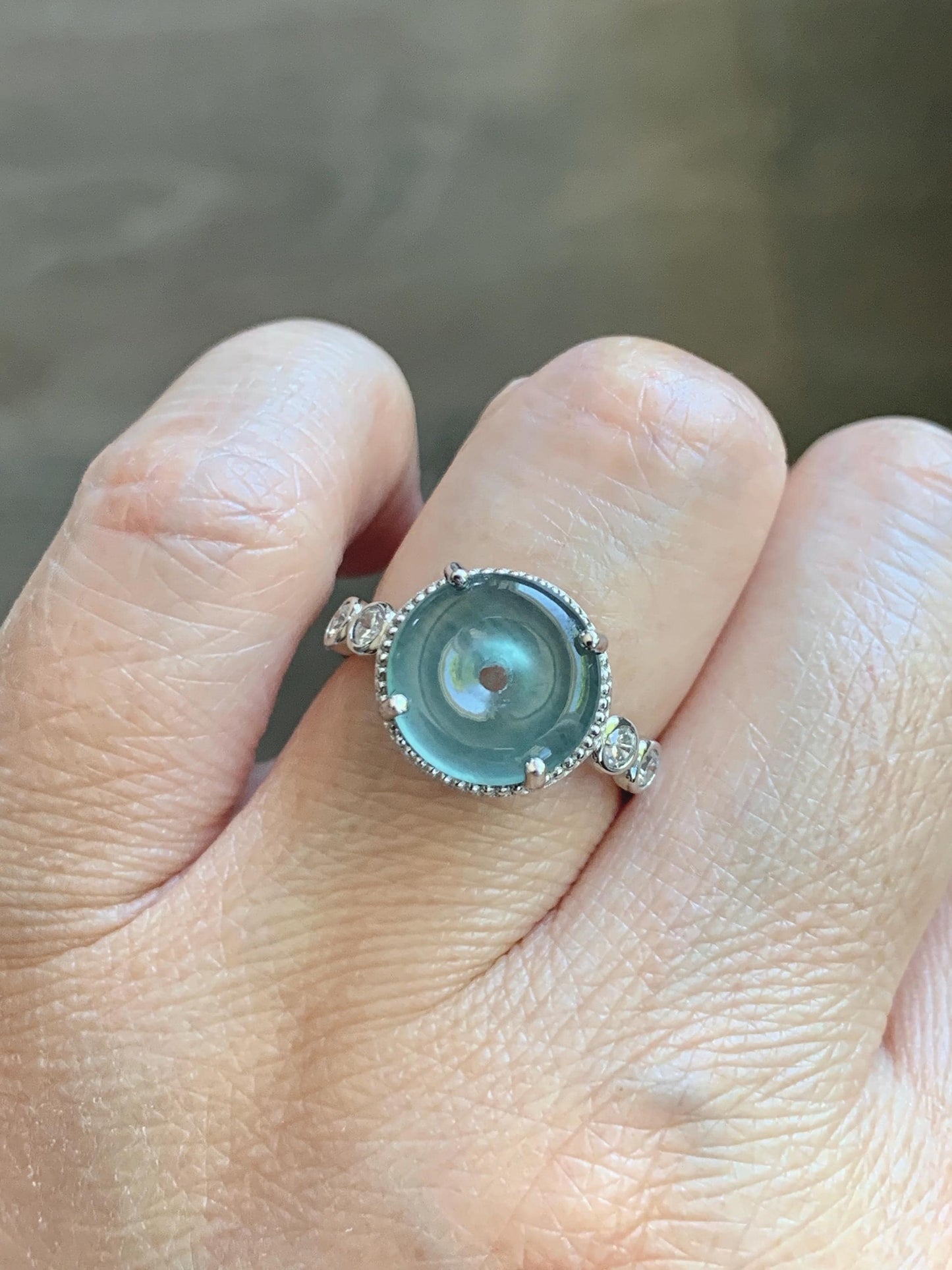 Natural Grade A Guatemalan Icy Translucent Teal Blue Jade Jadeite Donut Ping An Kou Ring Sterling Silver Size 7 Adjustable 天然冰危蓝翡翠平安扣戒指WLK88