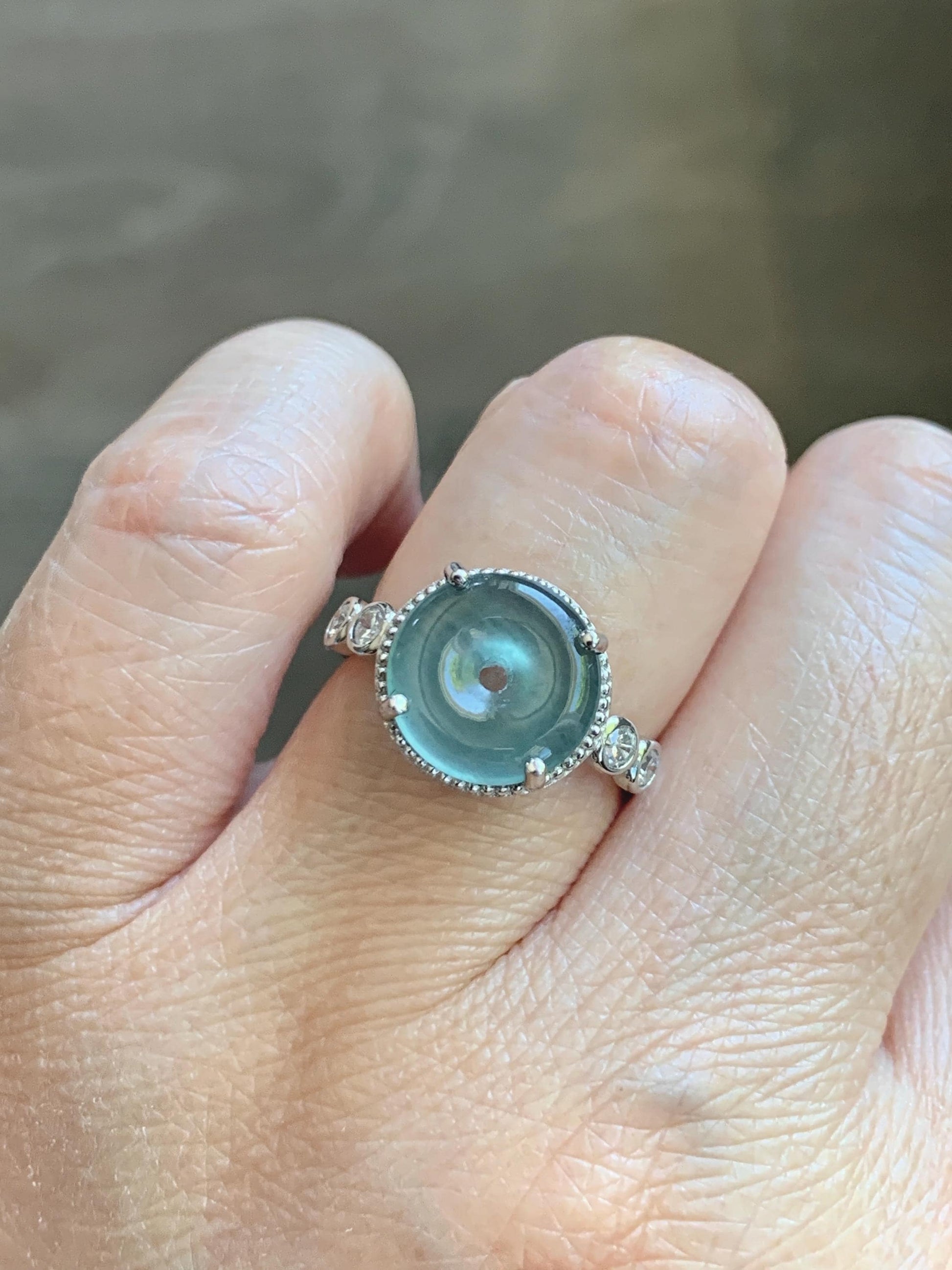 Natural Grade A Guatemalan Icy Translucent Teal Blue Jade Jadeite Donut Ping An Kou Ring Sterling Silver Size 7 Adjustable 天然冰危蓝翡翠平安扣戒指WLK88