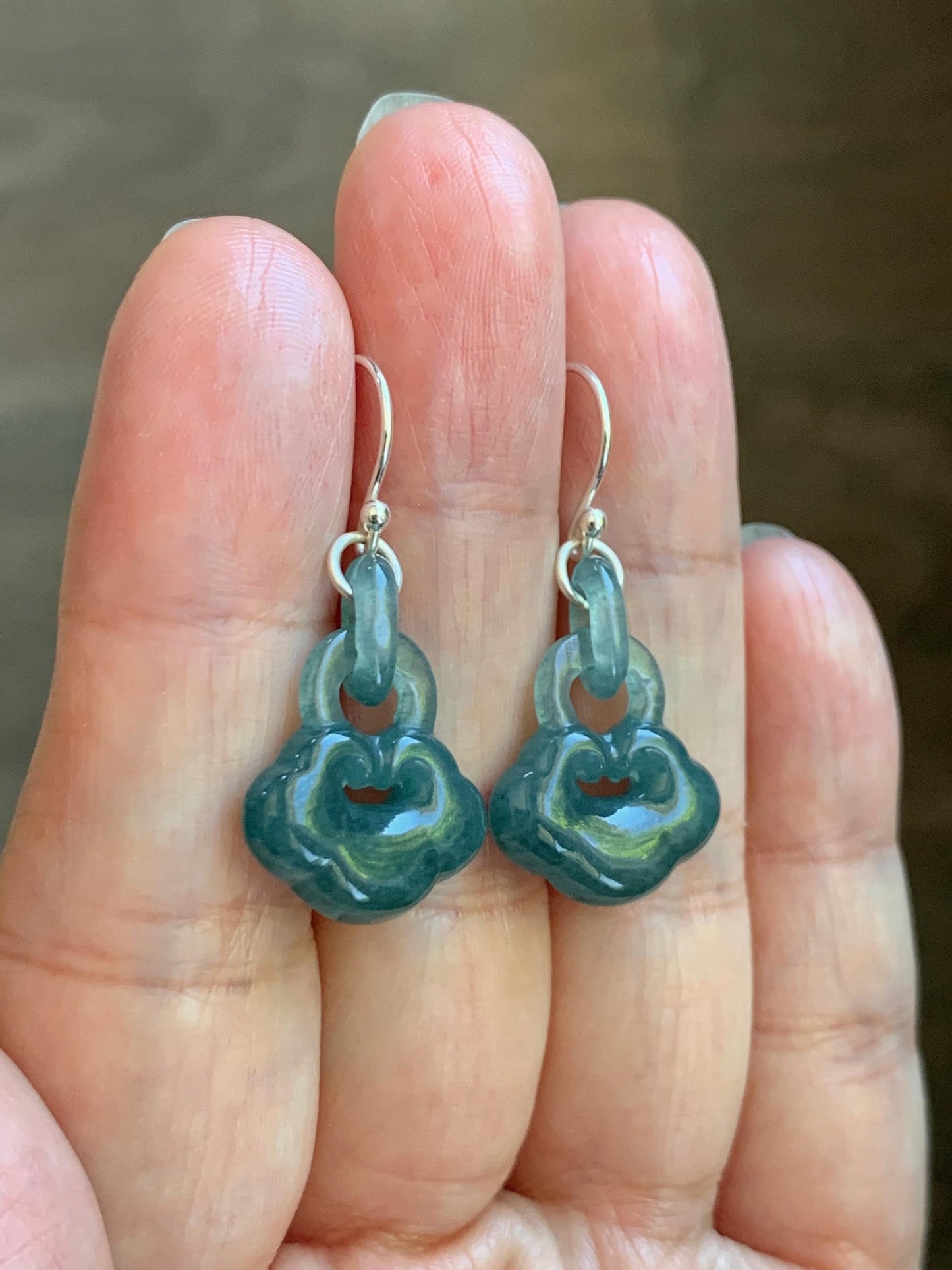 Natural Grade A Guatemalan Icy Teal Blue Jade Jadeite Ruyi w/ Interlocking Rings Dangle Earrings Sterling Silver 天然冰危蓝翡翠如意锁包环环相扣耳钩 WH220A