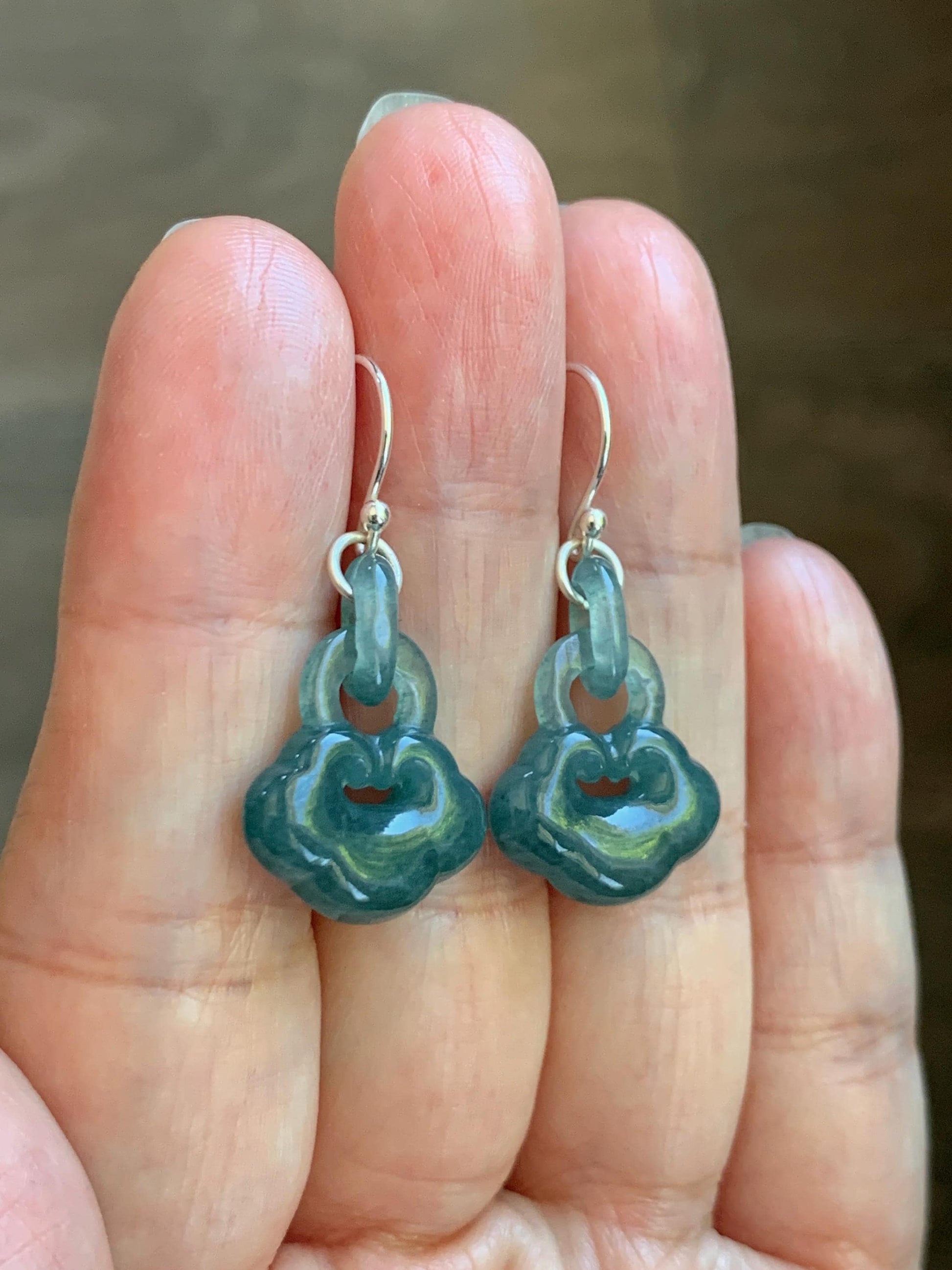 Natural Grade A Guatemalan Icy Teal Blue Jade Jadeite Ruyi w/ Interlocking Rings Dangle Earrings Sterling Silver 天然冰危蓝翡翠如意锁包环环相扣耳钩 WH220A