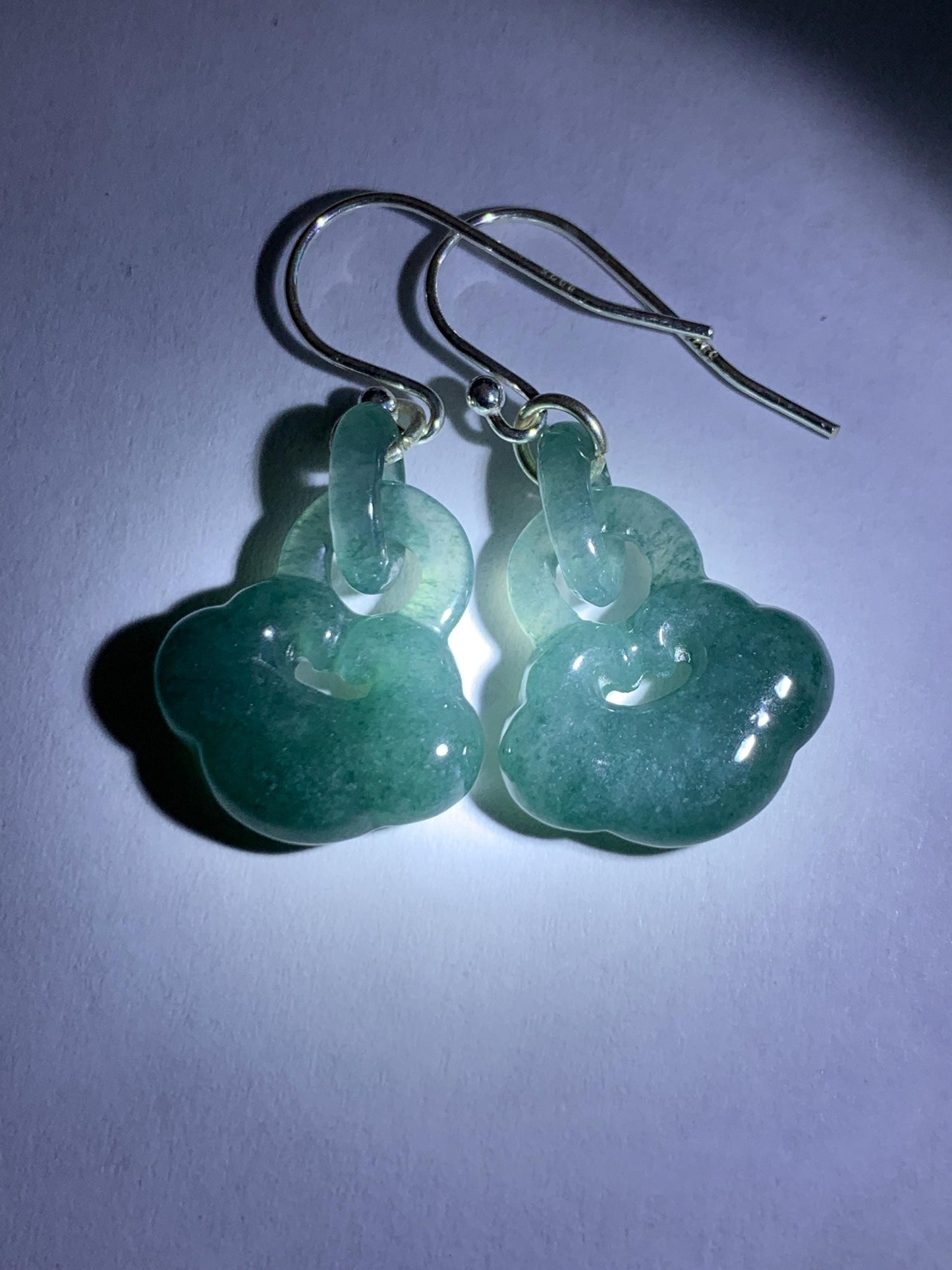 Natural Grade A Guatemalan Icy Teal Blue Jade Jadeite Ruyi w/ Interlocking Rings Dangle Earrings Sterling Silver 天然冰危蓝翡翠如意锁包环环相扣耳钩 WH220A