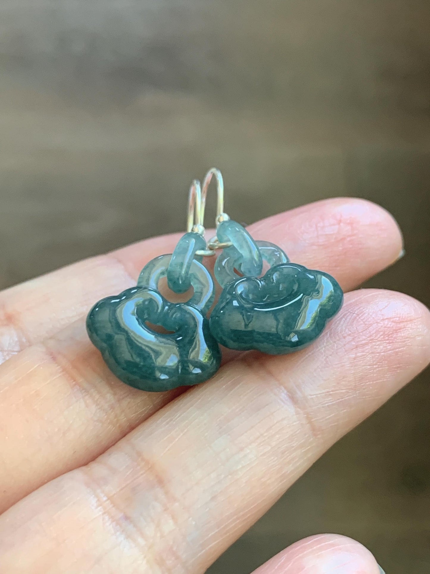 Natural Grade A Guatemalan Icy Teal Blue Jade Jadeite Ruyi w/ Interlocking Rings Dangle Earrings Sterling Silver 天然冰危蓝翡翠如意锁包环环相扣耳钩 WH220A
