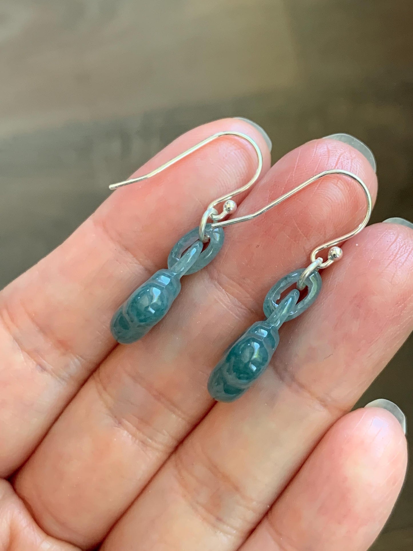 Natural Grade A Guatemalan Icy Teal Blue Jade Jadeite Ruyi w/ Interlocking Rings Dangle Earrings Sterling Silver 天然冰危蓝翡翠如意锁包环环相扣耳钩 WH220A