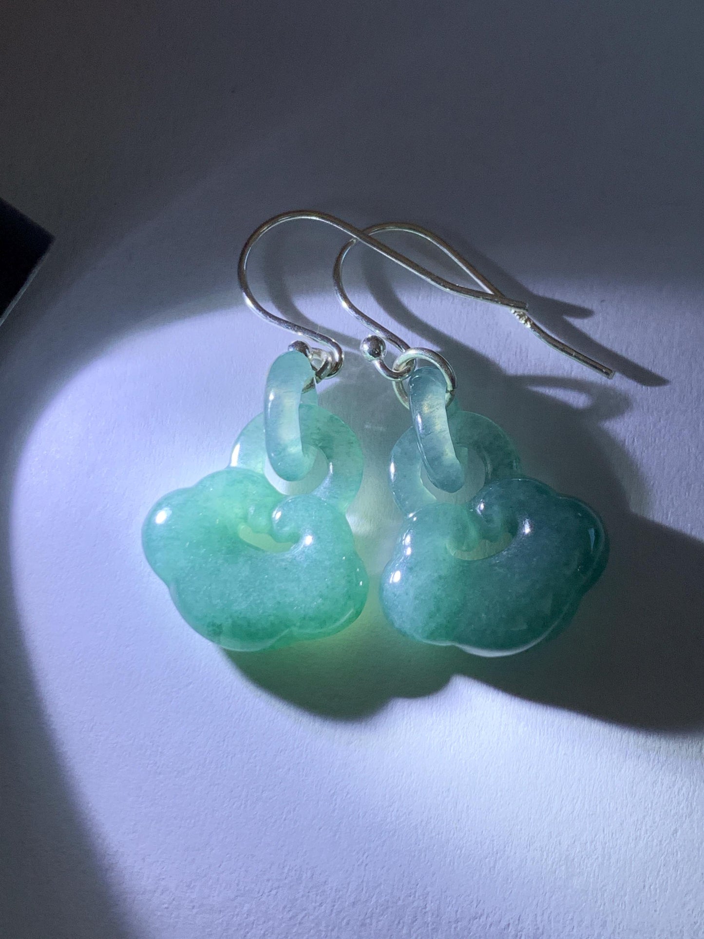 Natural Grade A Guatemalan Icy Teal Blue Jade Jadeite Ruyi w/ Interlocking Rings Dangle Earrings Sterling Silver 天然冰危蓝翡翠如意锁包环环相扣耳钩 WH220A