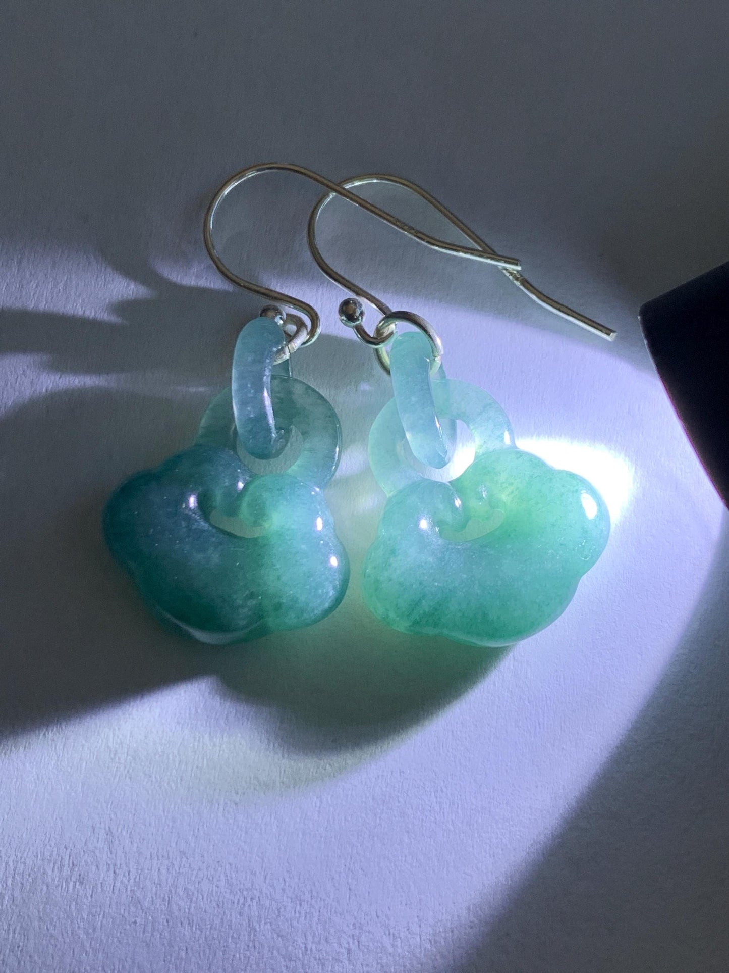 Natural Grade A Guatemalan Icy Teal Blue Jade Jadeite Ruyi w/ Interlocking Rings Dangle Earrings Sterling Silver 天然冰危蓝翡翠如意锁包环环相扣耳钩 WH220A