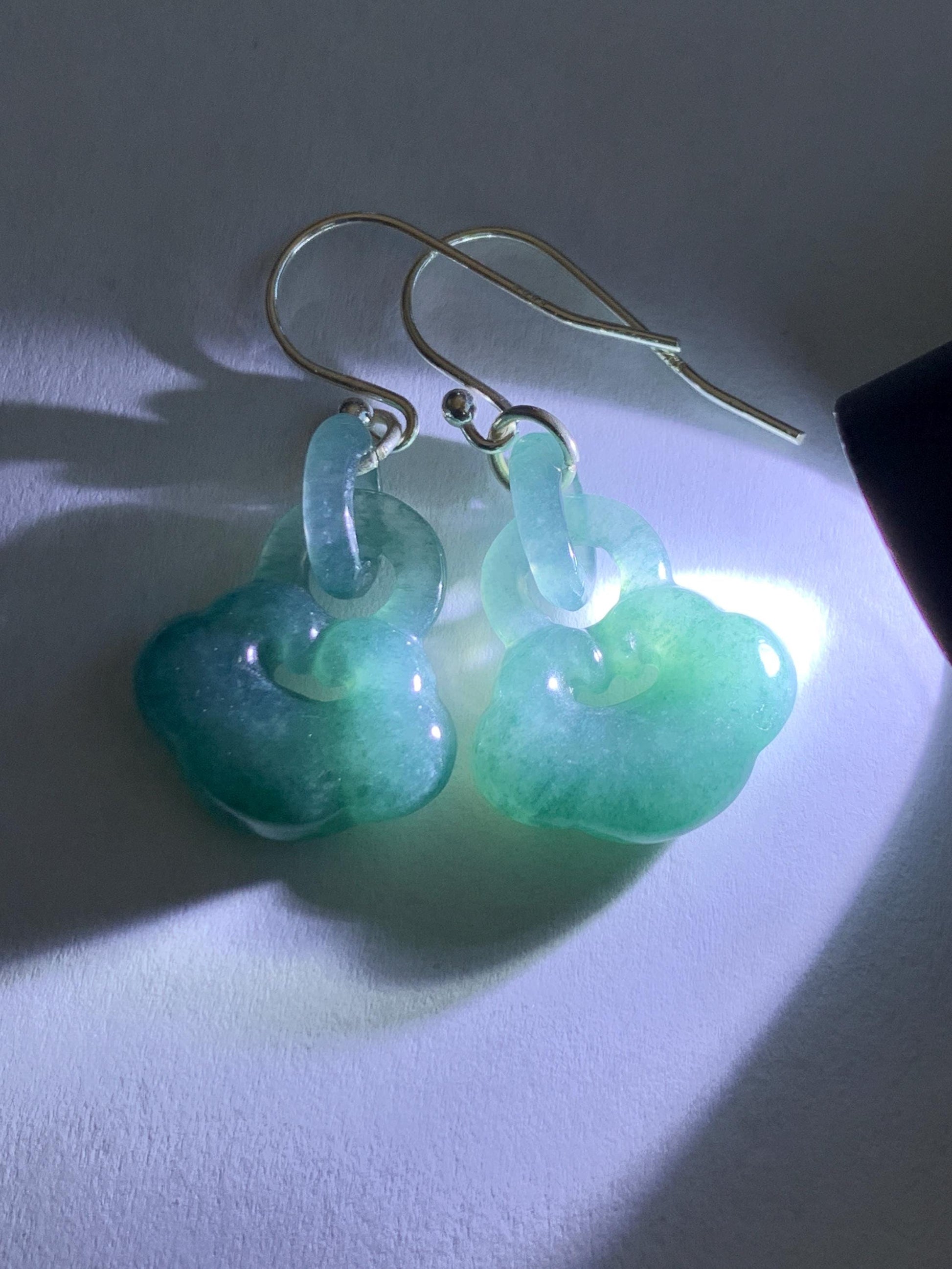Natural Grade A Guatemalan Icy Teal Blue Jade Jadeite Ruyi w/ Interlocking Rings Dangle Earrings Sterling Silver 天然冰危蓝翡翠如意锁包环环相扣耳钩 WH220A