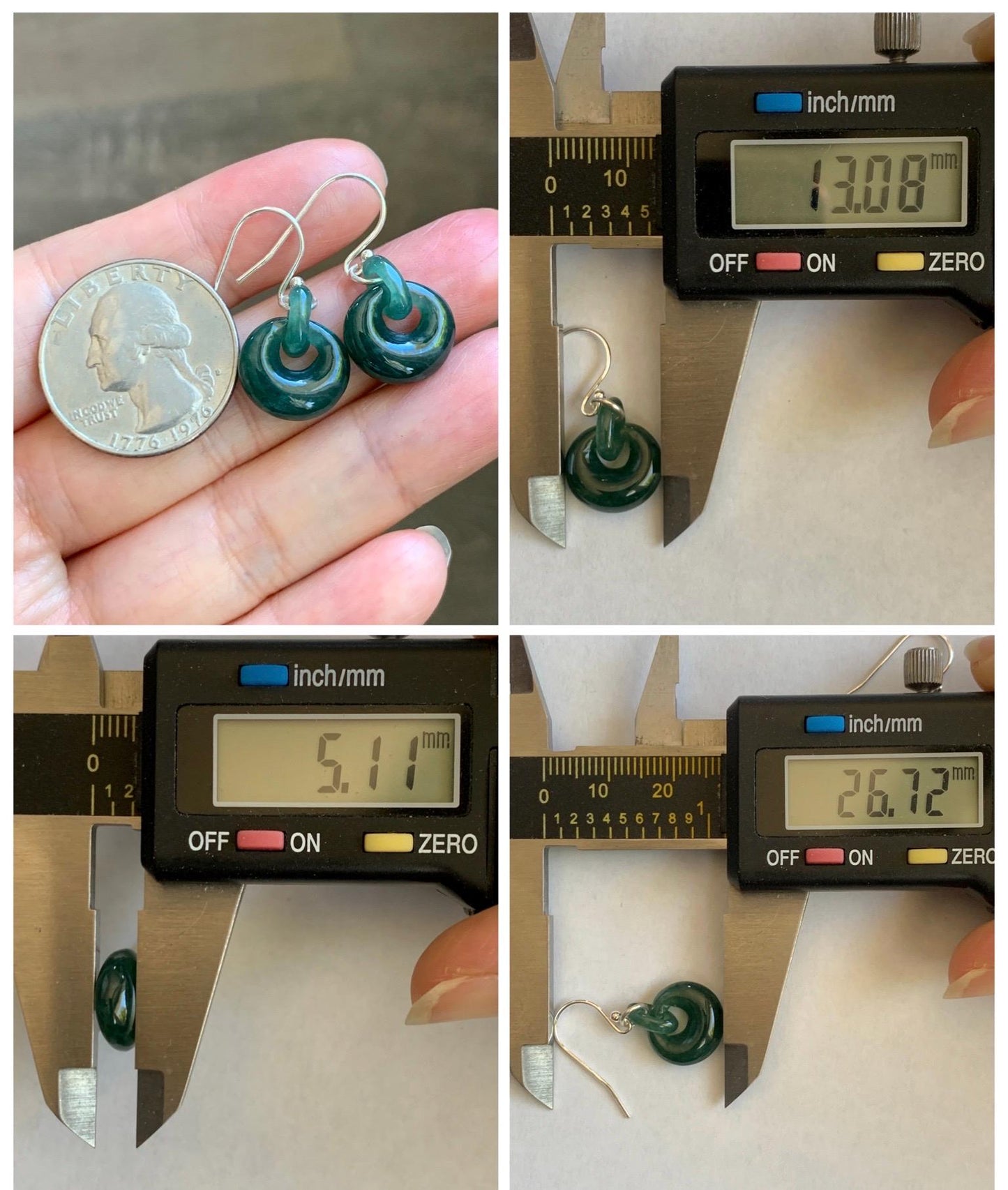 Natural Grade A Guatemalan Icy Teal Green Jade Jadeite Donut w/ Interlocking Rings Dangle Earrings Sterling Silver 天然冰危蓝绿翡翠环环相扣耳钩 WH220B