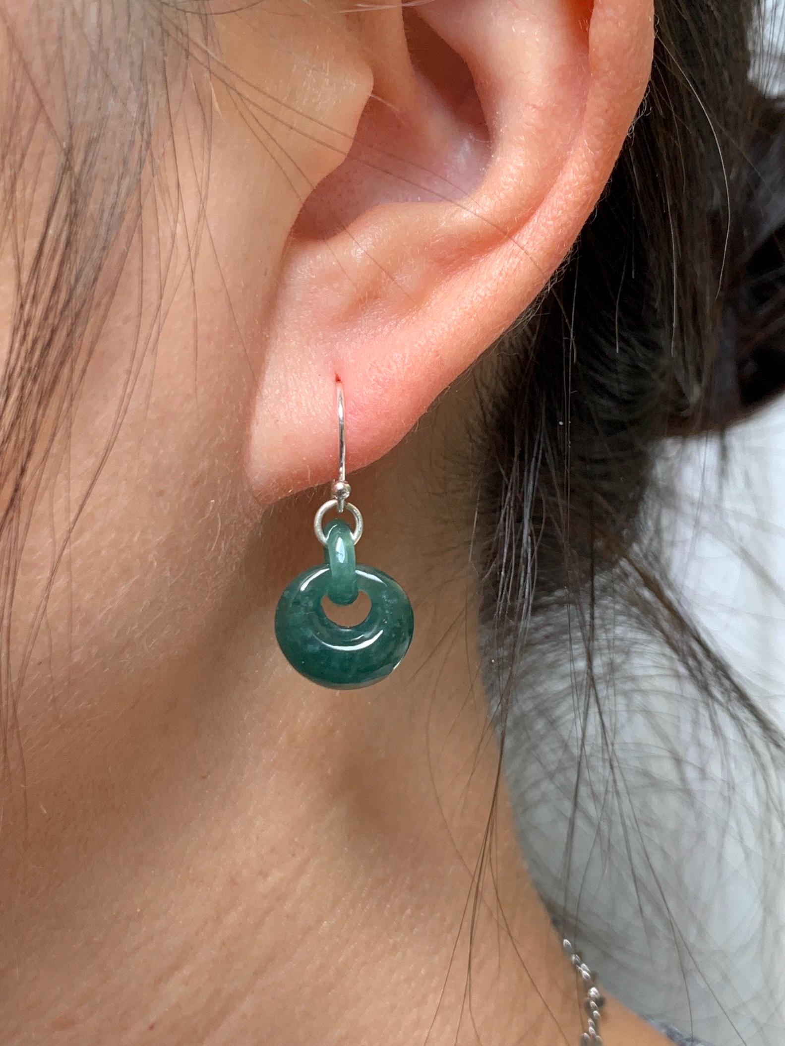 Natural Grade A Guatemalan Icy Teal Green Jade Jadeite Donut w/ Interlocking Rings Dangle Earrings Sterling Silver 天然冰危蓝绿翡翠环环相扣耳钩 WH220B