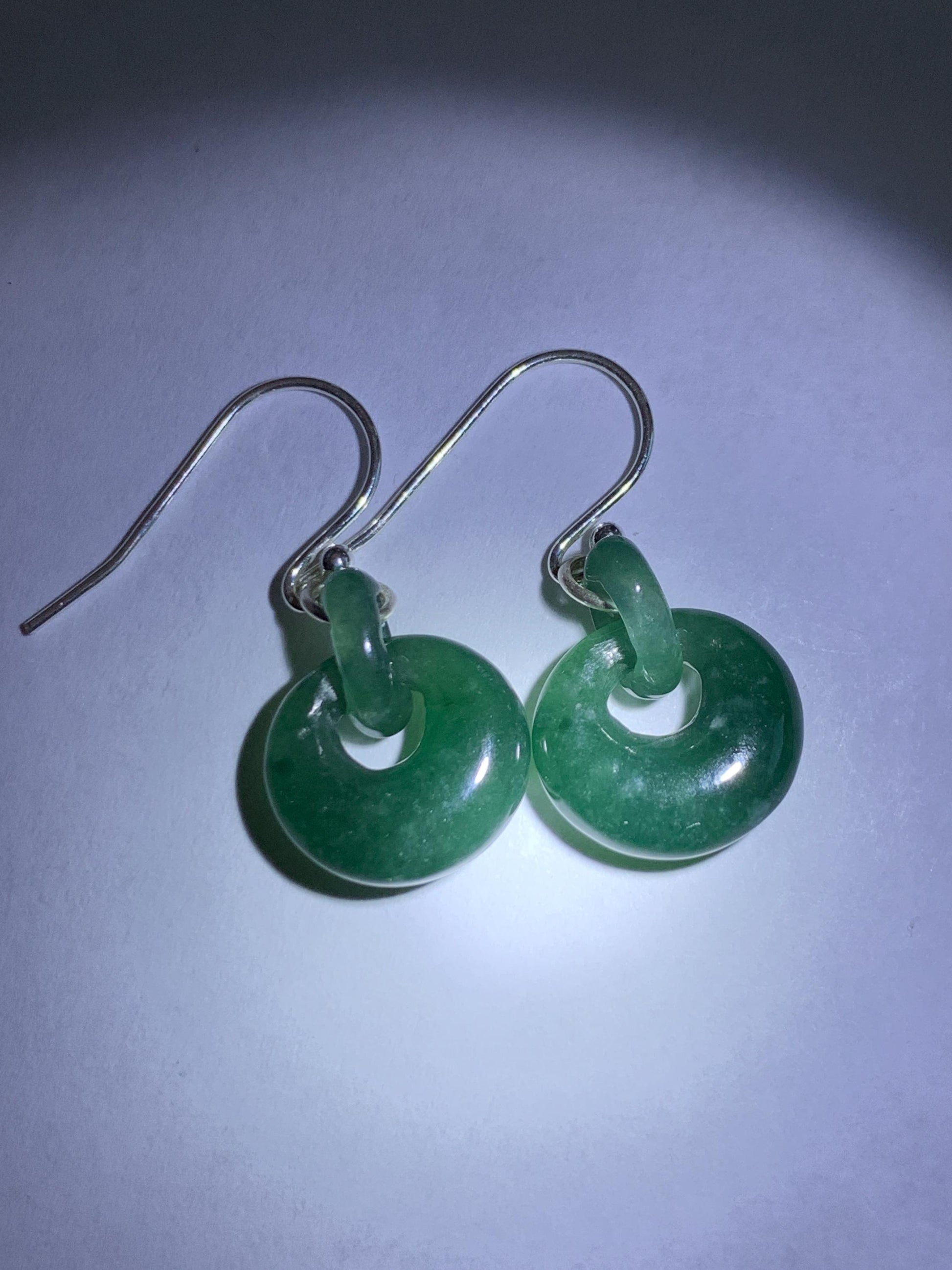 Natural Grade A Guatemalan Icy Teal Green Jade Jadeite Donut w/ Interlocking Rings Dangle Earrings Sterling Silver 天然冰危蓝绿翡翠环环相扣耳钩 WH220B