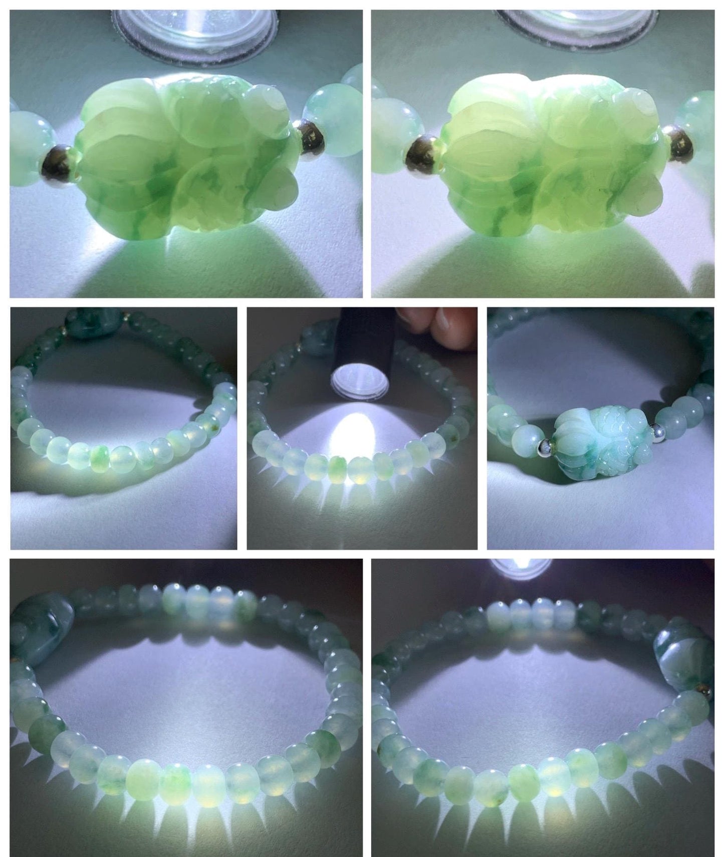 Natural Grade A Icy Translucent Light Green Marbled Jade Jadeite Drum Beads Goldfish Charm Beaded Bracelet 6.75" 14g 天然冰胶飘花翡翠鼓珠金鱼手串 MPJ425