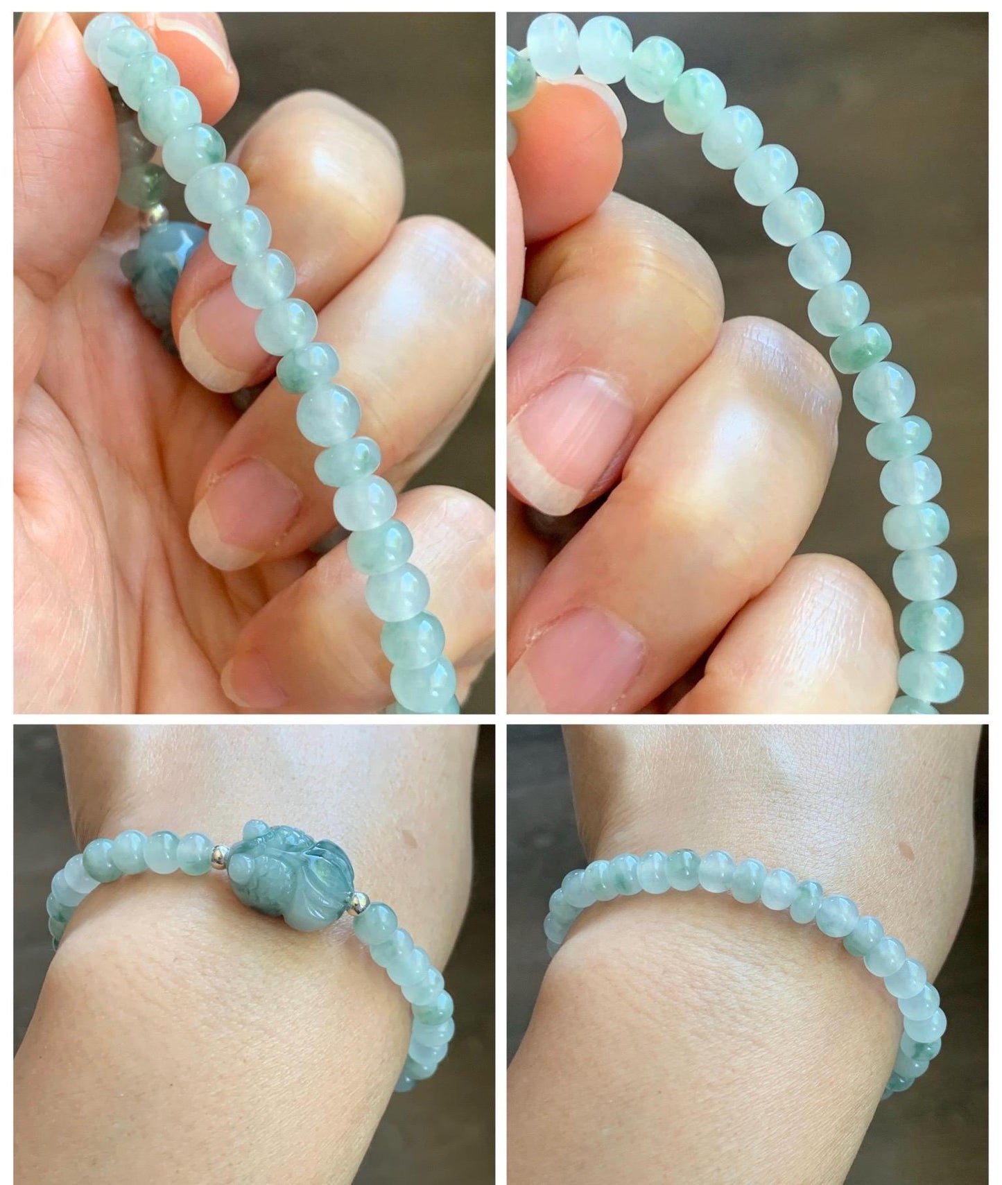 Natural Grade A Icy Translucent Light Green Marbled Jade Jadeite Drum Beads Goldfish Charm Beaded Bracelet 6.75" 14g 天然冰胶飘花翡翠鼓珠金鱼手串 MPJ425